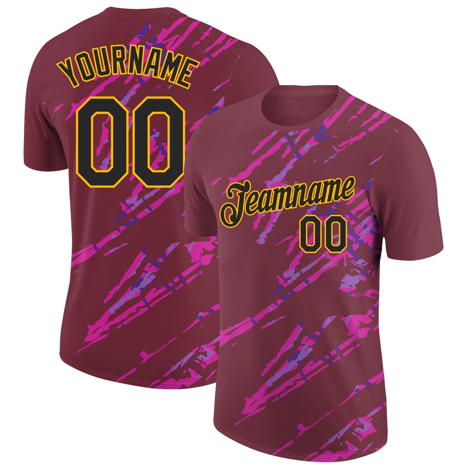 Custom Burgundy Black Gold-Deep Pink 3D Esports Performance T-Shirt - Main View