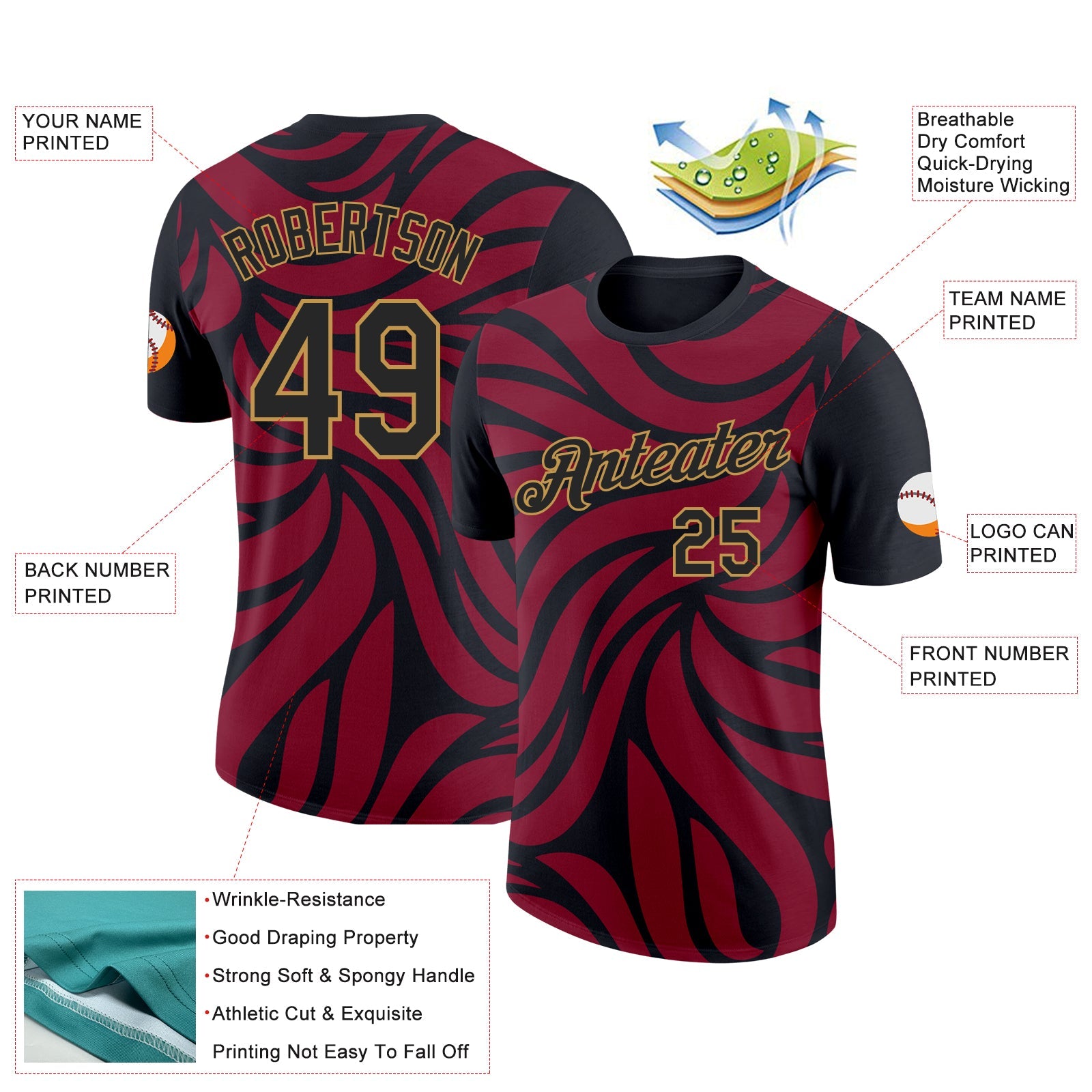 Custom Crimson Black-Old Gold 3D Esports Performance T-Shirt view 2