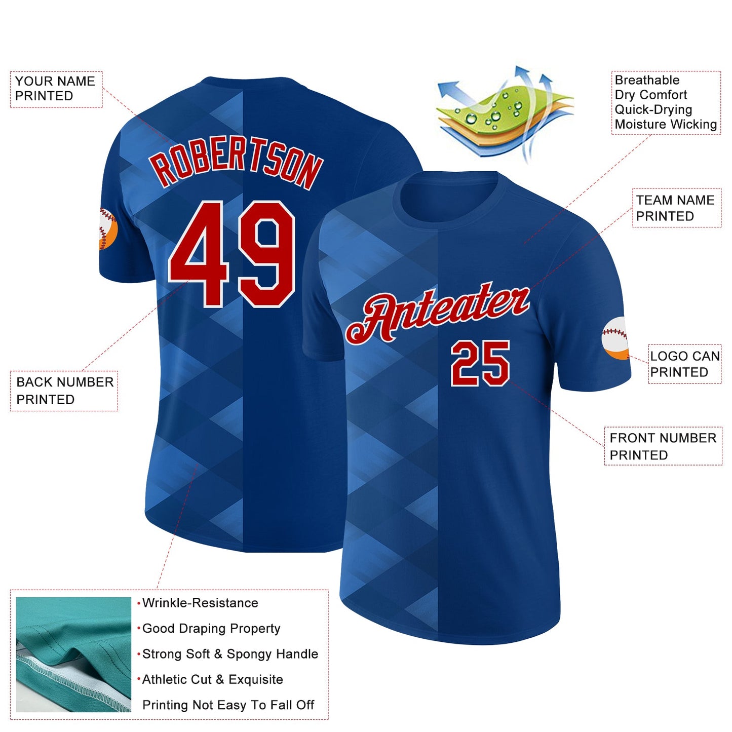 Custom US Navy Blue Red-White 3D Esports Performance T-Shirt view 2