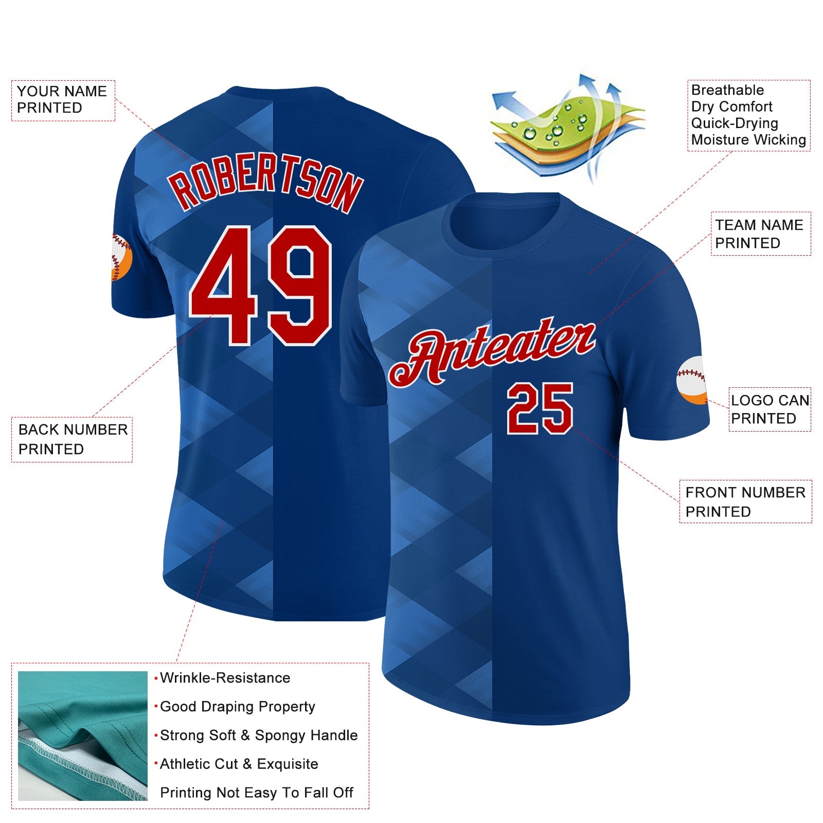 Custom US Navy Blue Red-White 3D Esports Performance T-Shirt view 2