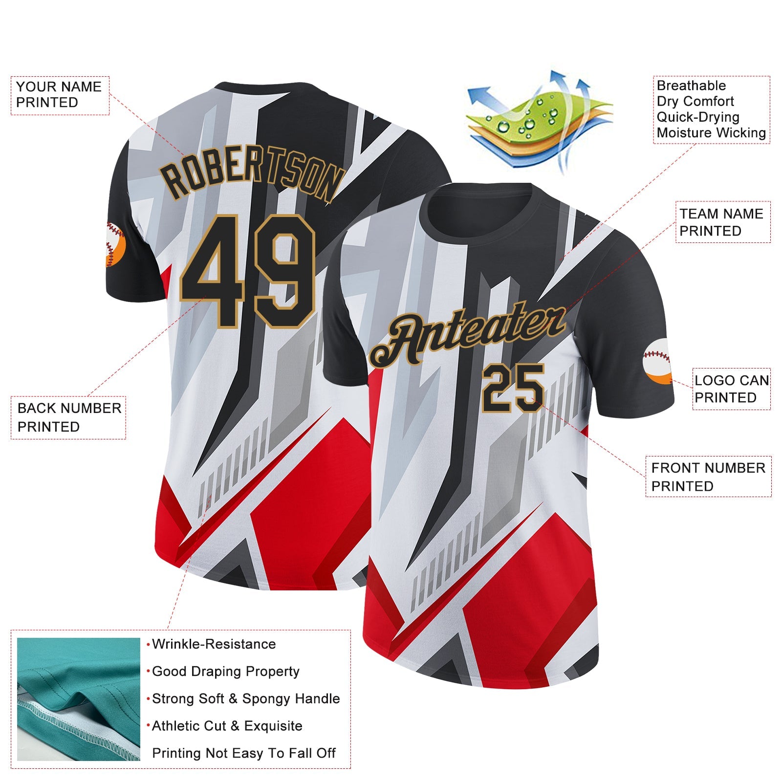 Custom Black Red Gray-Old Gold 3D Esports Performance T-Shirt view 2
