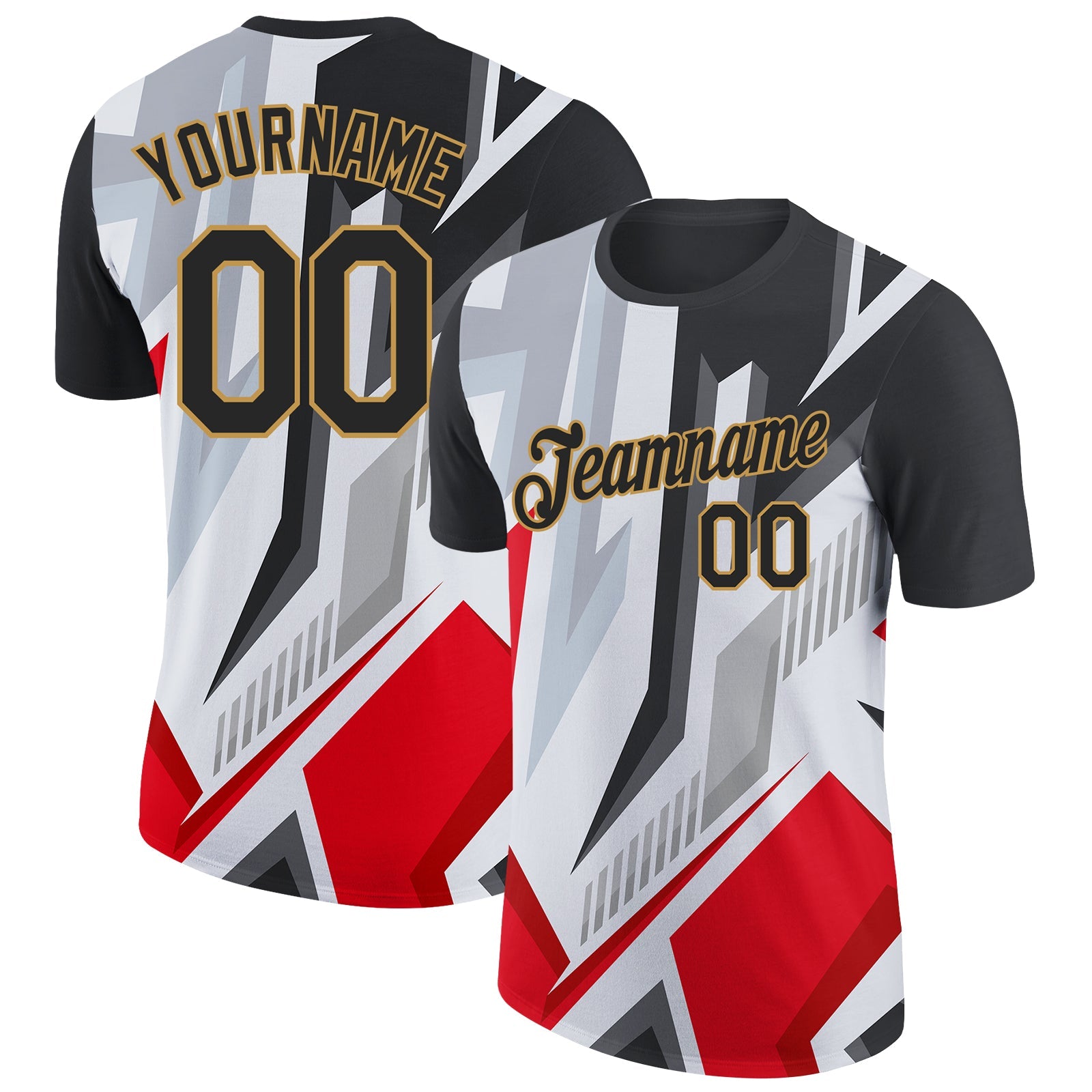 Custom Black Red Gray-Old Gold 3D Esports Performance T-Shirt - Main View