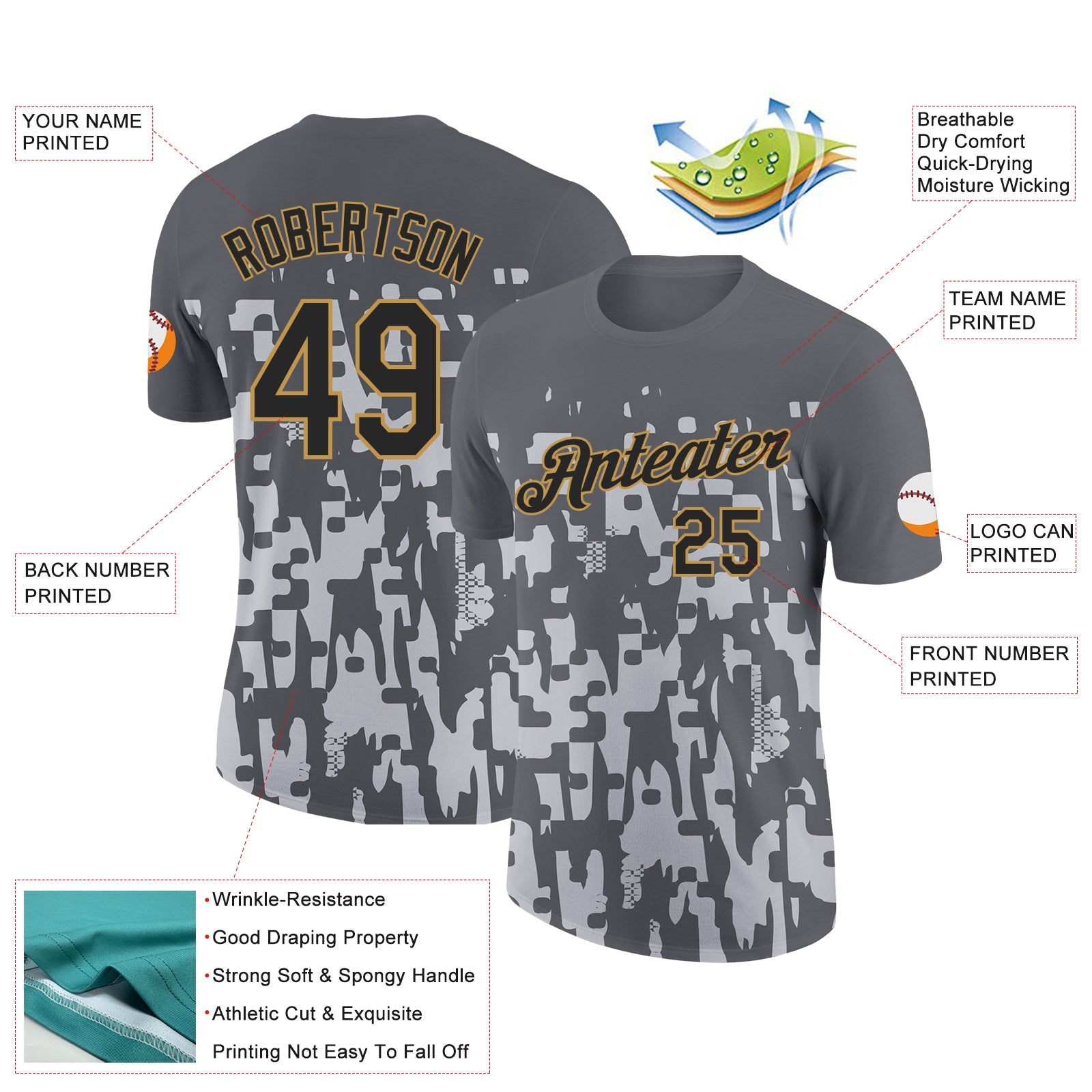 Custom Steel Gray Black Silver-Old Gold 3D Esports Performance T-Shirt view 2