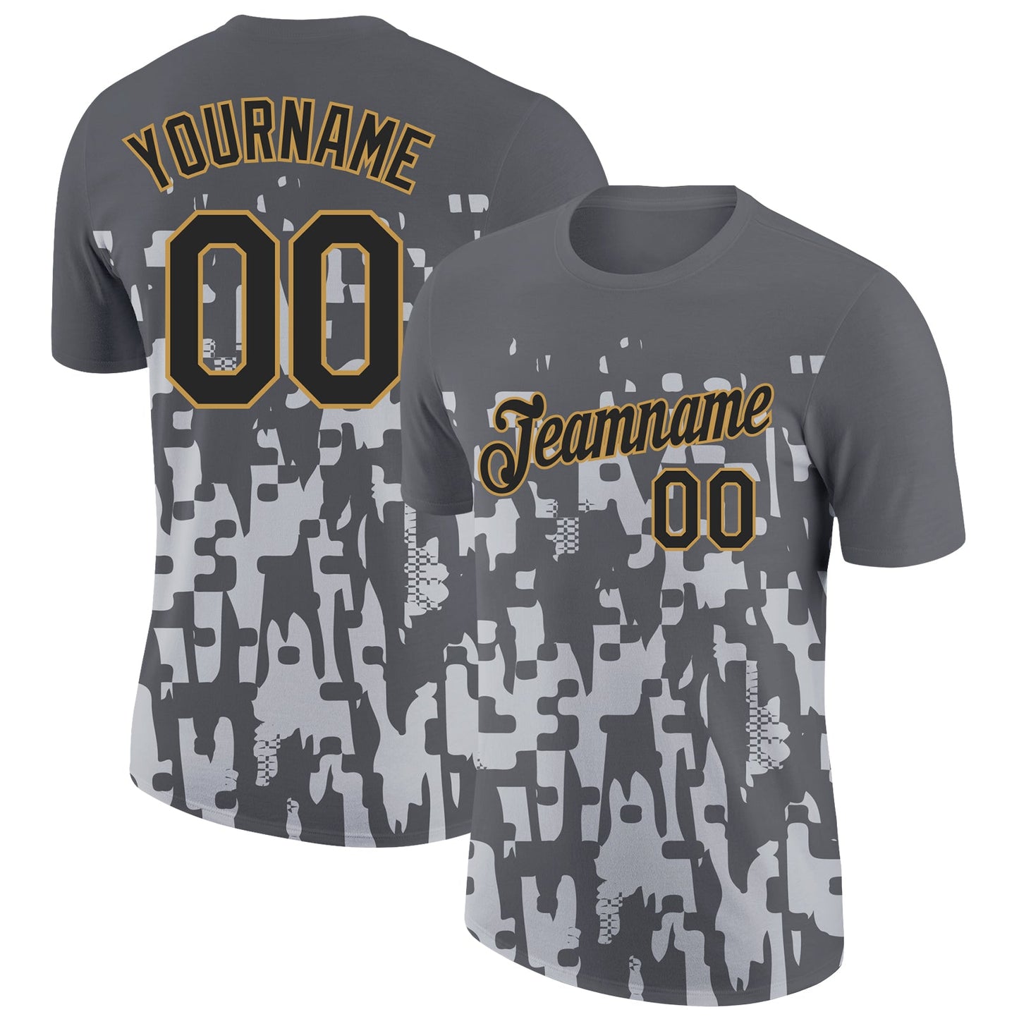 Custom Steel Gray Black Silver-Old Gold 3D Esports Performance T-Shirt - Main View