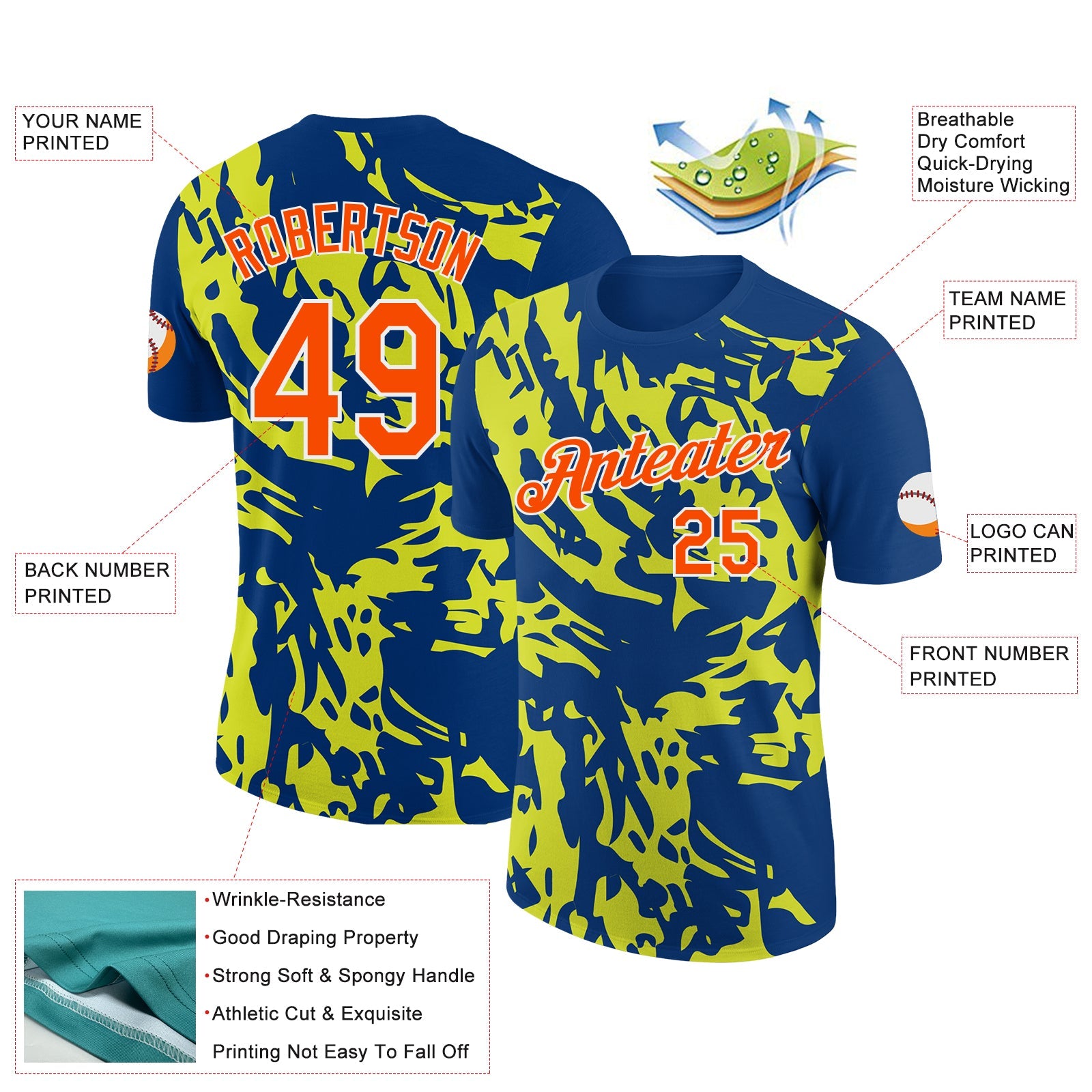 Custom US Navy Blue Orange-Neon Yellow 3D Esports Performance T-Shirt view 2