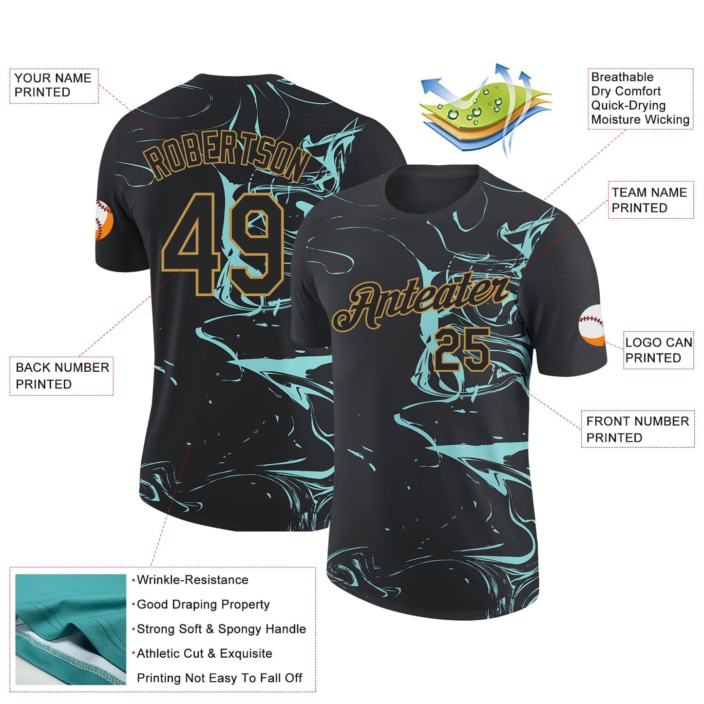 Custom Black Ice Blue-Old Gold 3D Esports Performance T-Shirt view 2