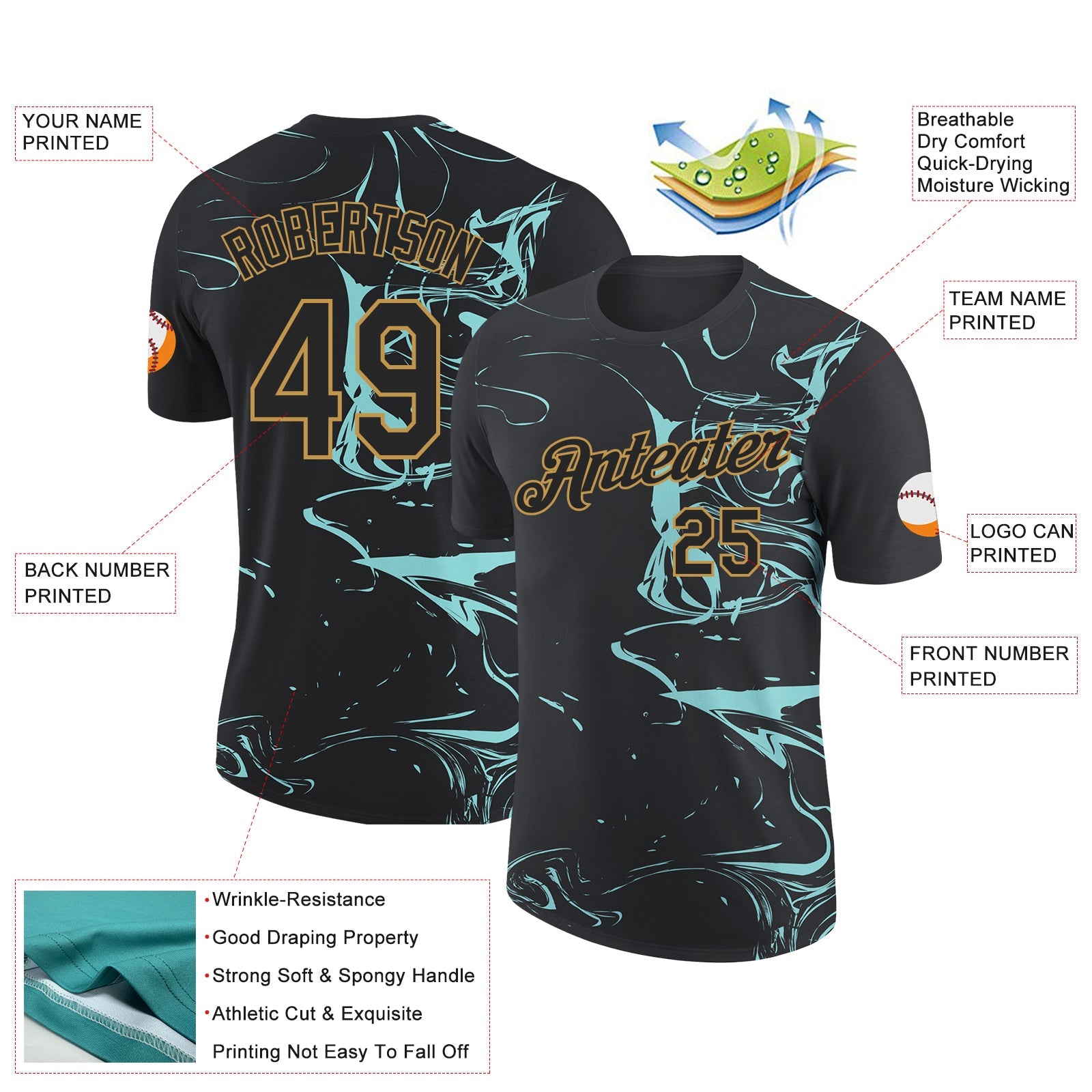 Custom Black Ice Blue-Old Gold 3D Esports Performance T-Shirt view 2