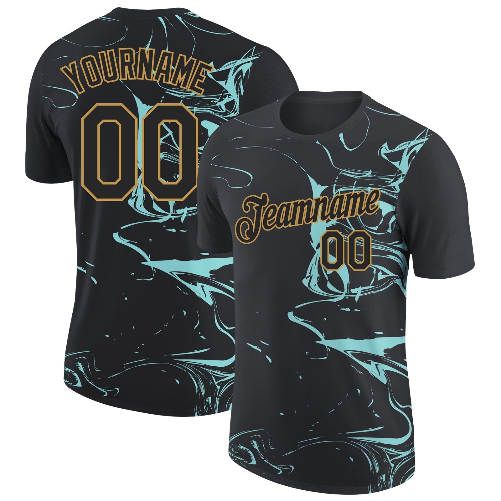 Custom Black Ice Blue-Old Gold 3D Esports Performance T-Shirt - Main View