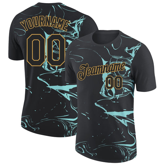 Custom Black Ice Blue-Old Gold 3D Esports Performance T-Shirt - Main View