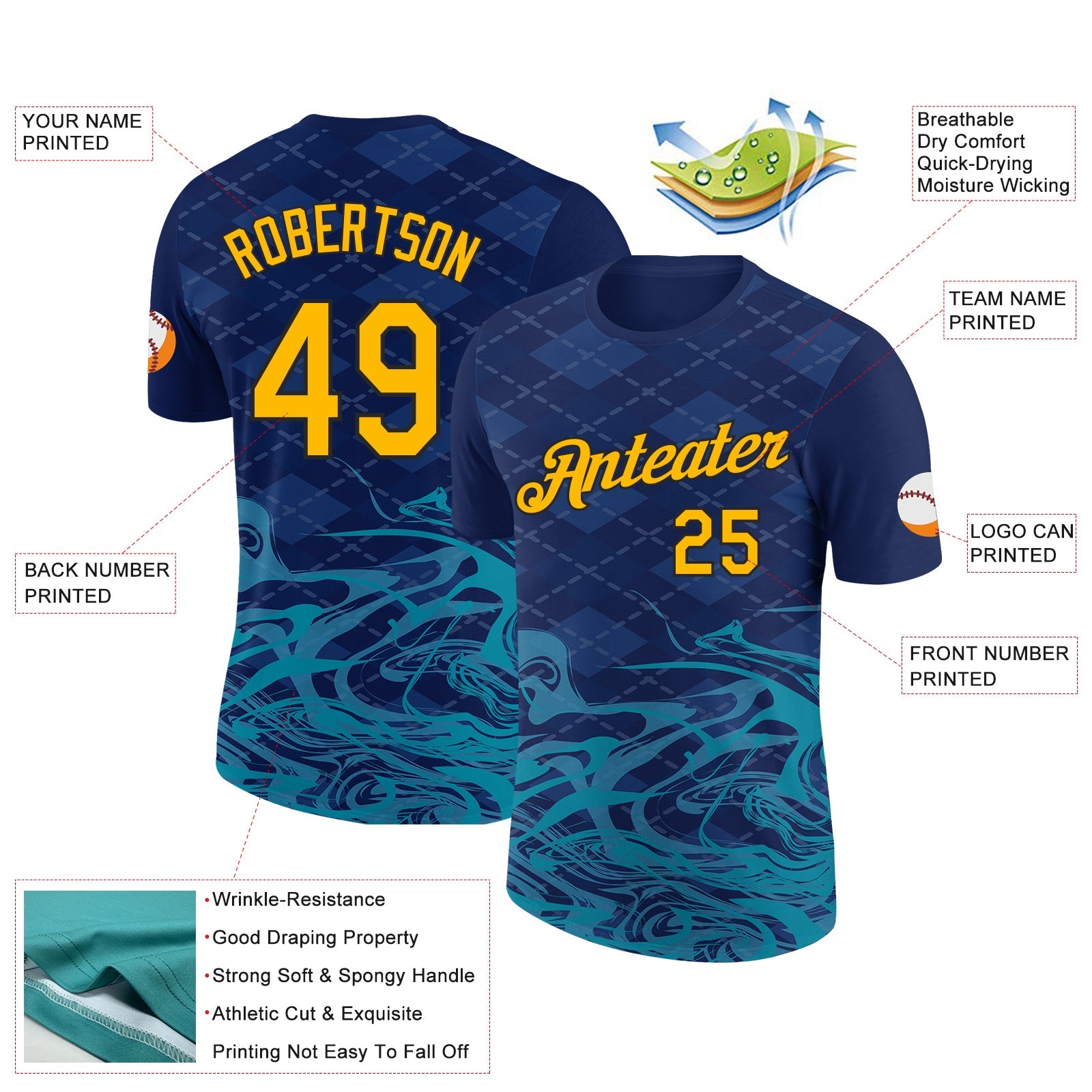 Custom Navy Gold Teal-Black 3D Esports Performance T-Shirt view 2