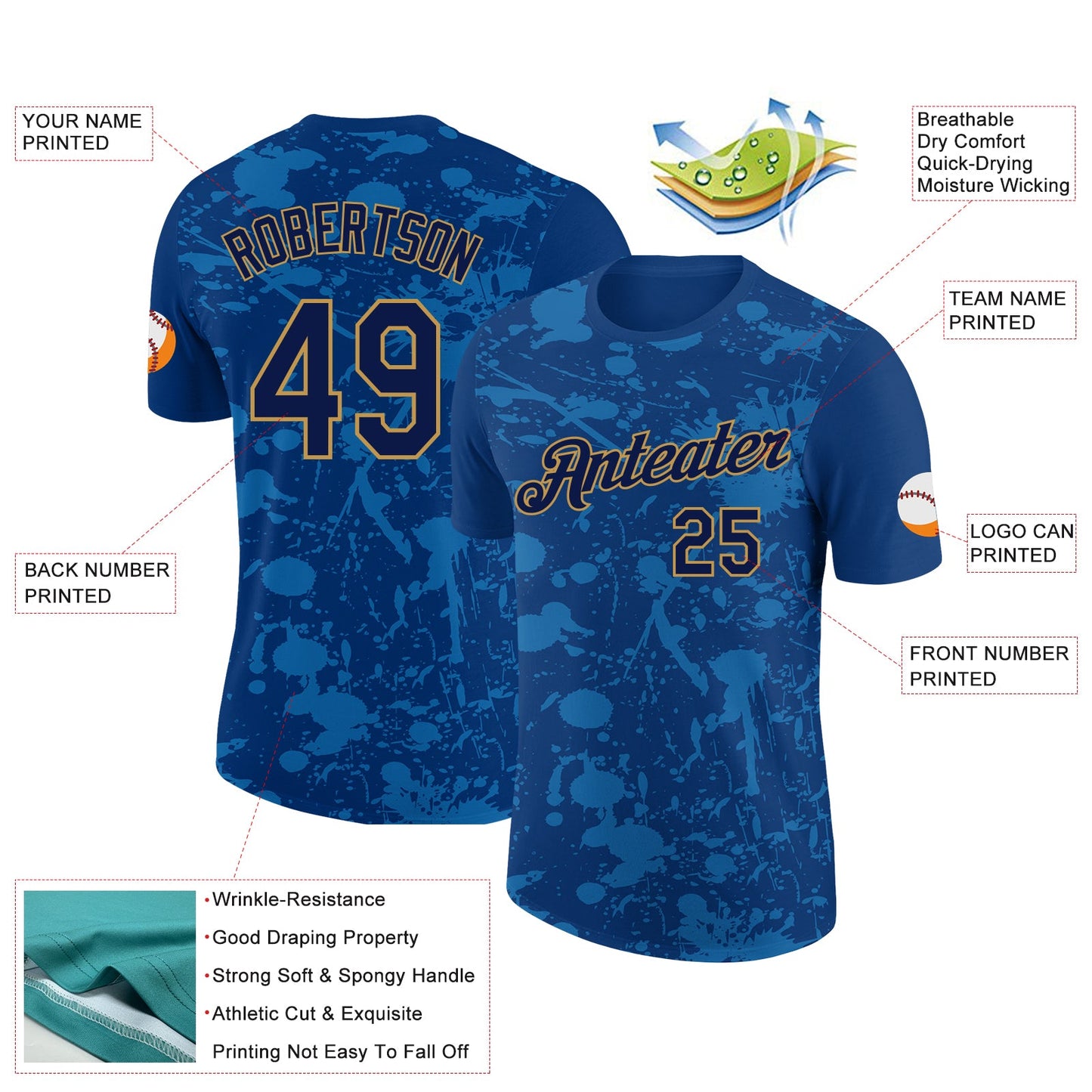 Custom US Navy Blue Navy-Old Gold 3D Esports Performance T-Shirt view 2