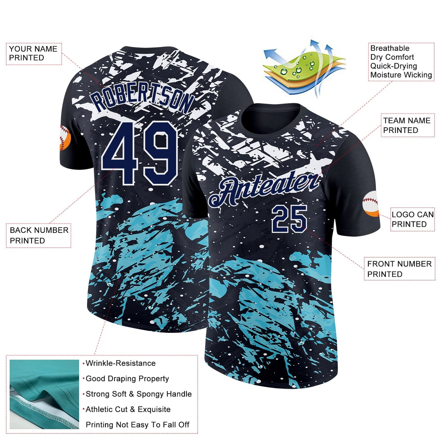 Custom Black Navy-Teal 3D Esports Performance T-Shirt view 2