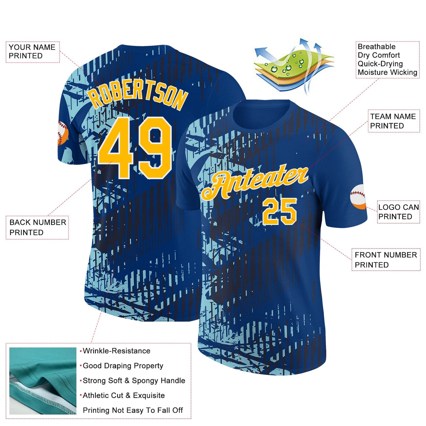 Custom US Navy Blue Gold Black-Ice Blue 3D Esports Performance T-Shirt view 2