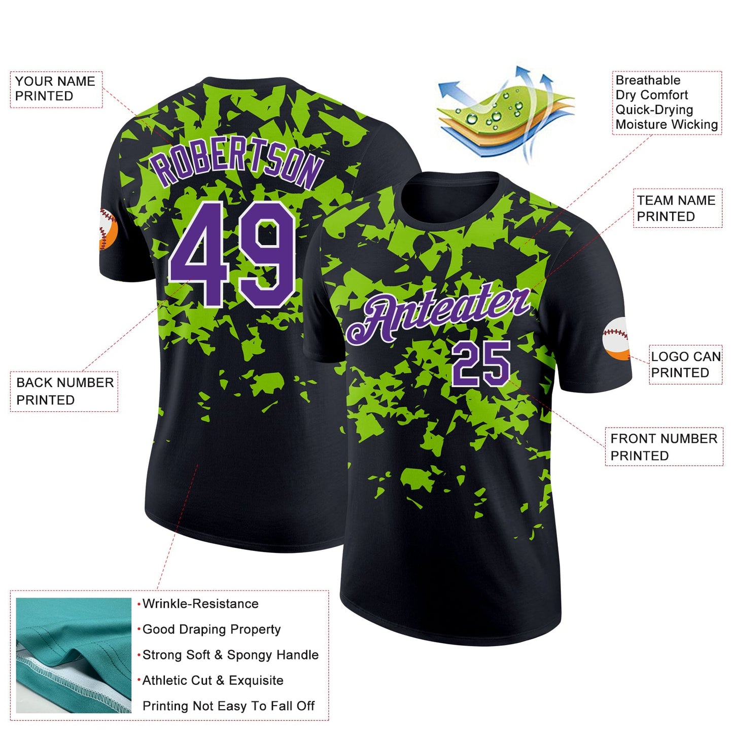 Custom Black Purple-Neon Green 3D Esports Performance T-Shirt view 2