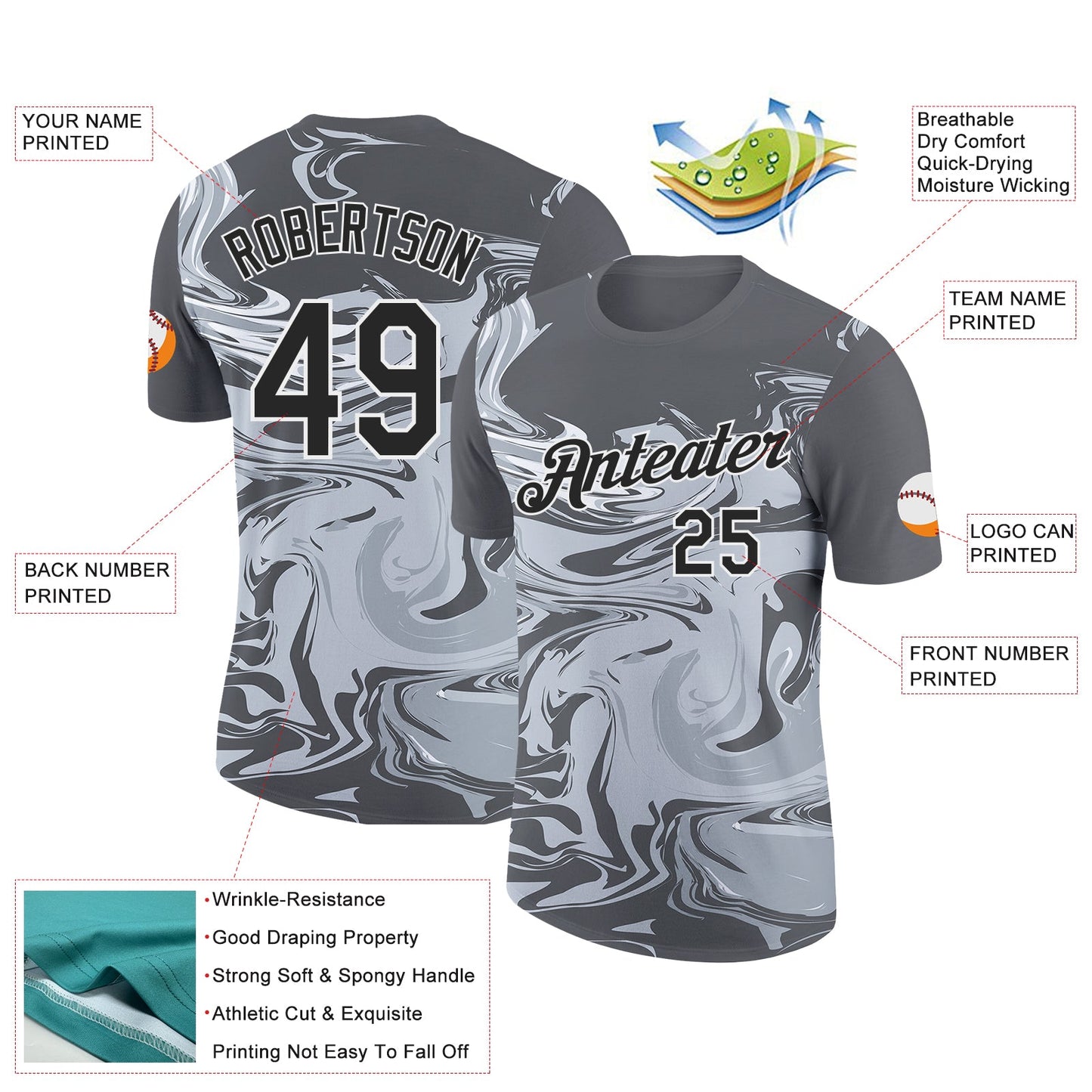 Custom Steel Gray Black-White 3D Esports Performance T-Shirt view 2