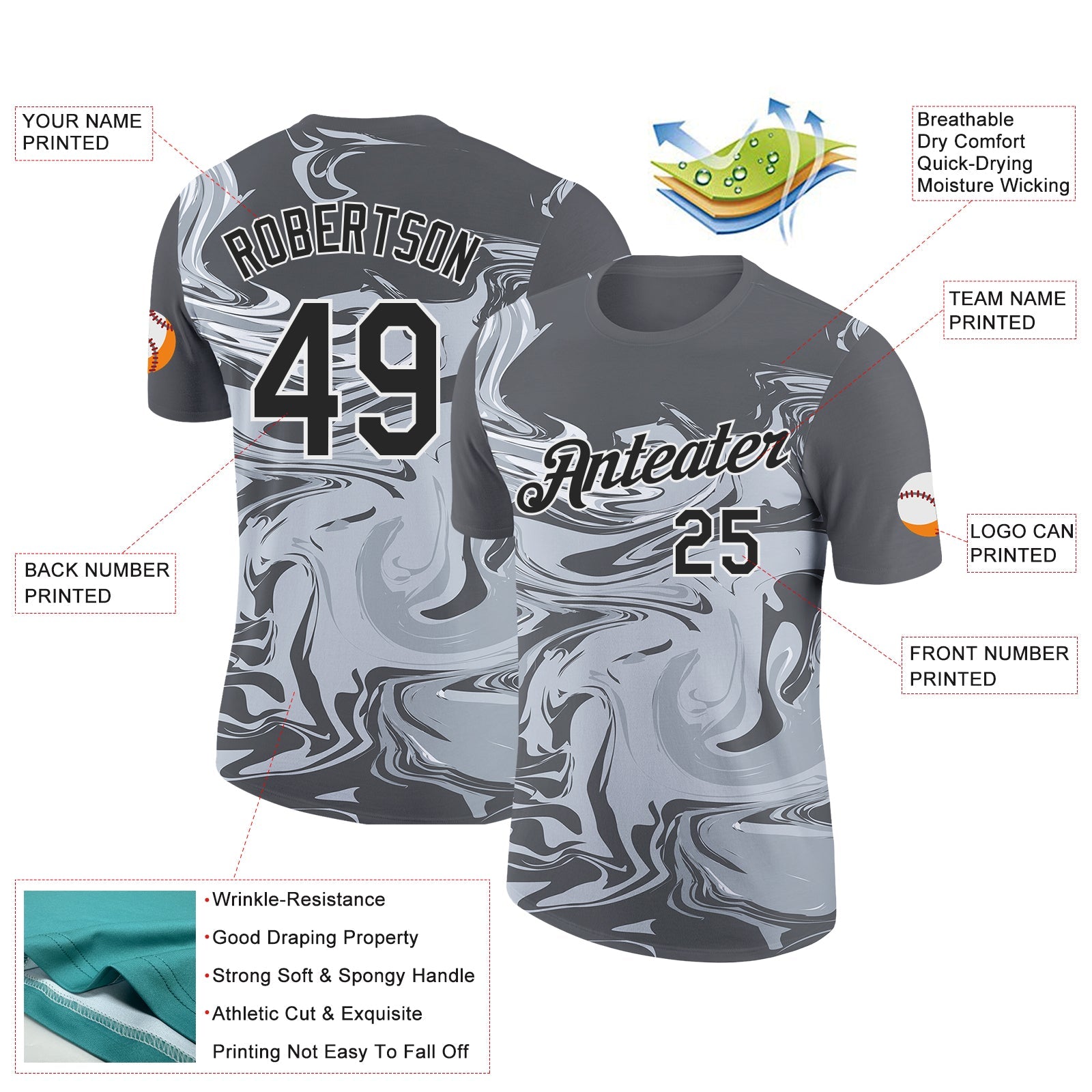 Custom Steel Gray Black-White 3D Esports Performance T-Shirt view 2