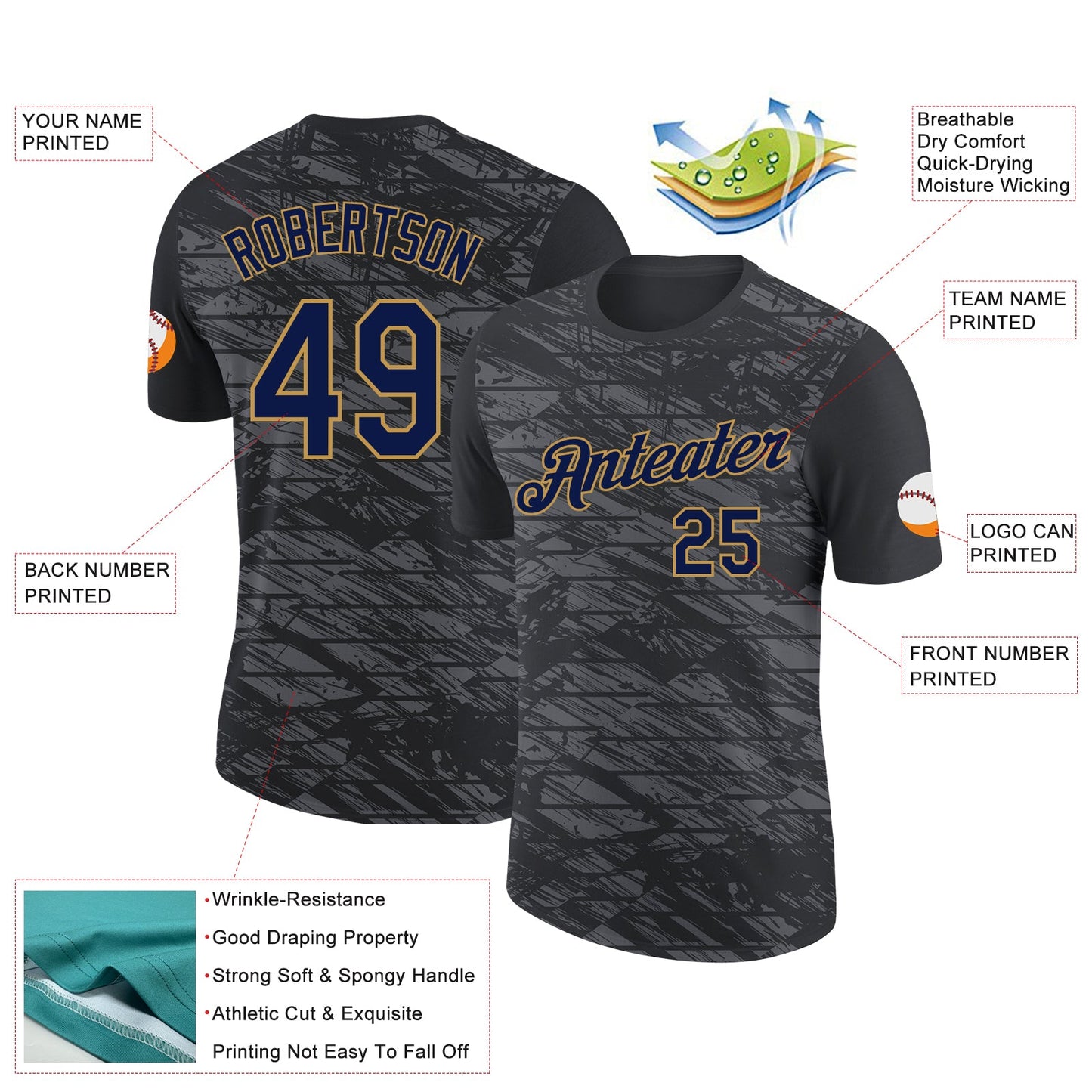 Custom Black Navy-Old Gold 3D Esports Performance T-Shirt view 2
