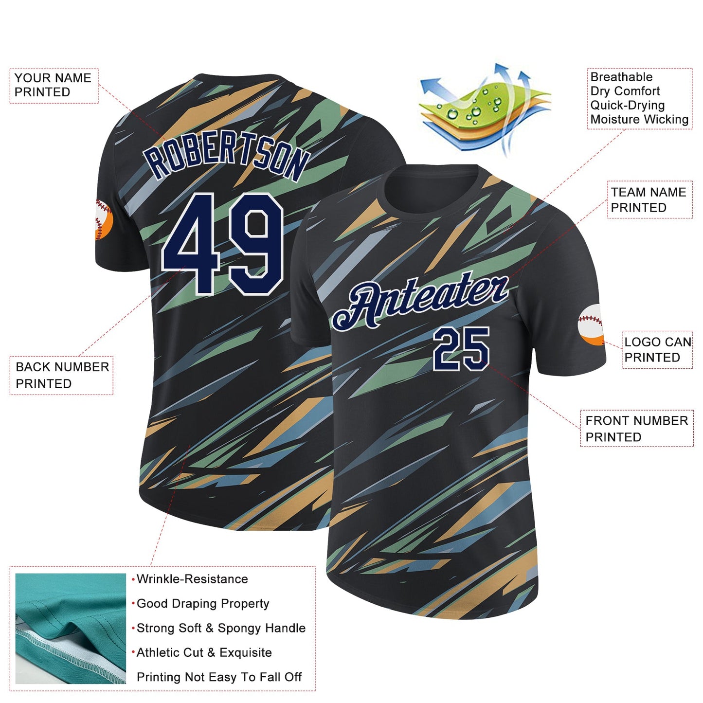 Custom Black Navy Ice Blue Shadow Blue-Gold 3D Esports Performance T-Shirt view 2