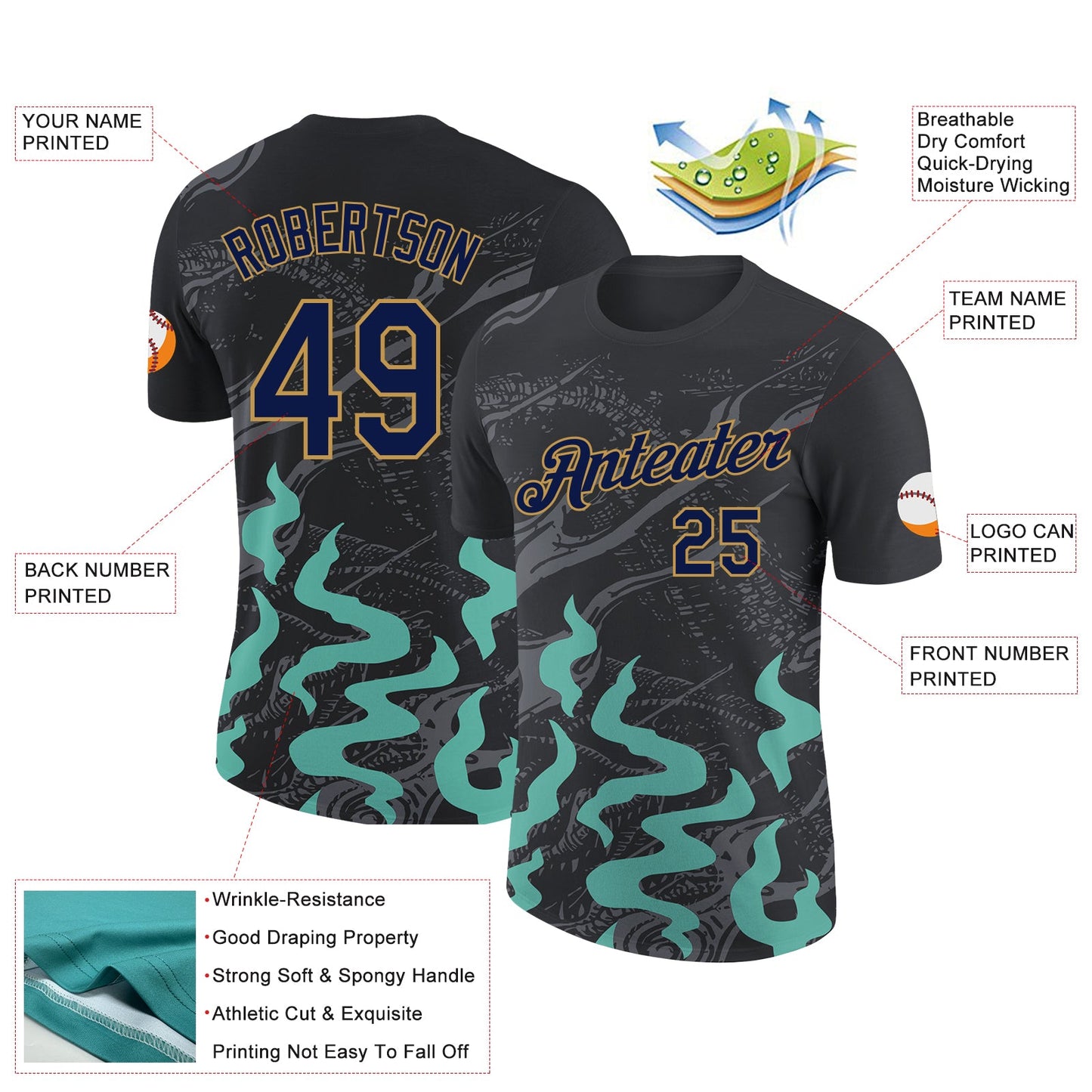 Custom Black Navy Aqua Gray-Old Gold 3D Esports Performance T-Shirt view 2