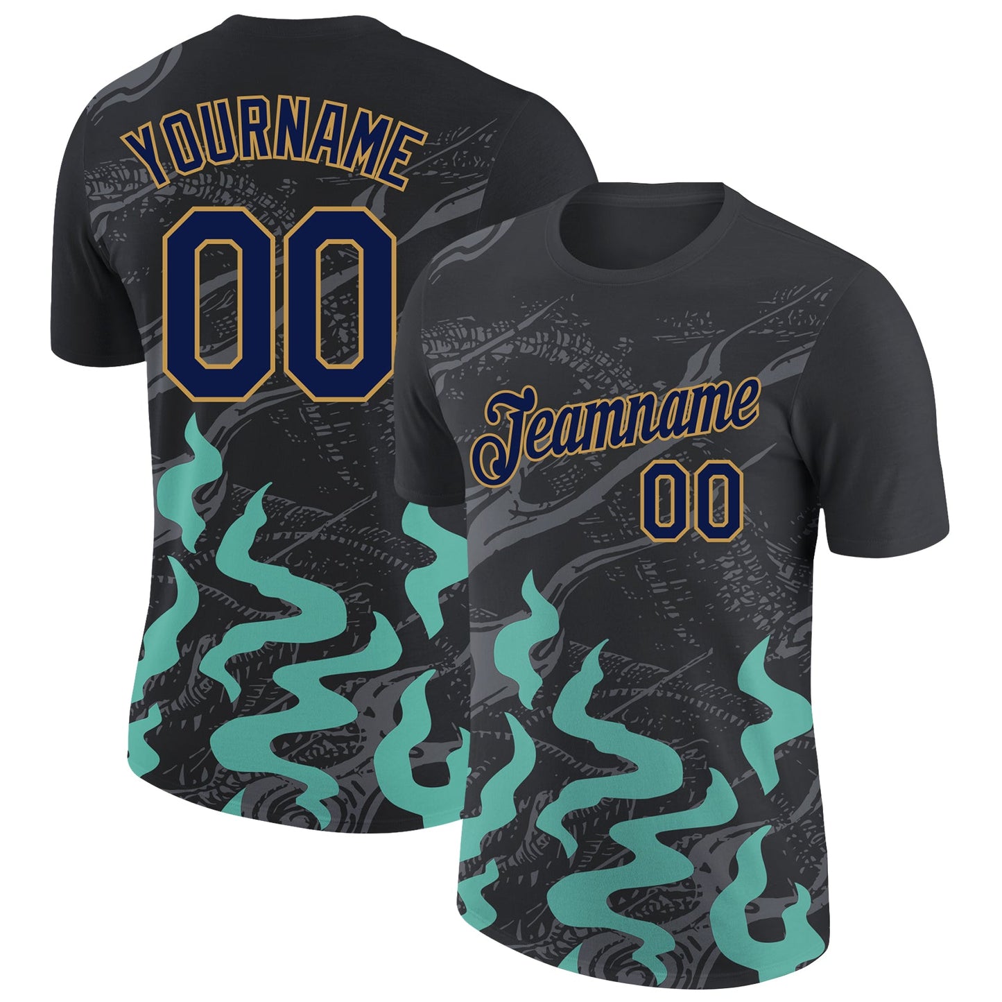 Custom Black Navy Aqua Gray-Old Gold 3D Esports Performance T-Shirt - Main View