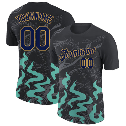 Custom Black Navy Aqua Gray-Old Gold 3D Esports Performance T-Shirt - Main View