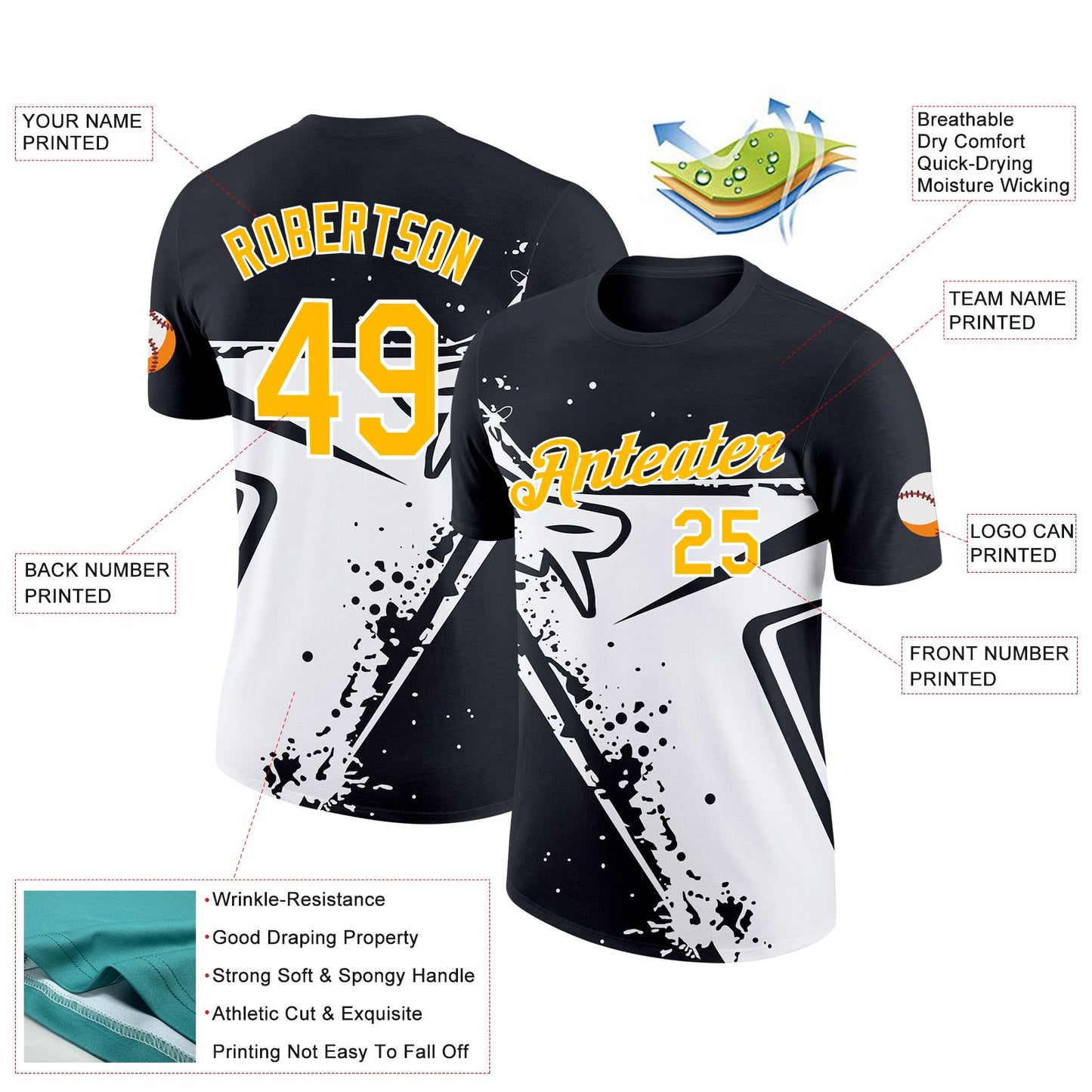 Custom Black Gold-White 3D Esports Performance T-Shirt view 2