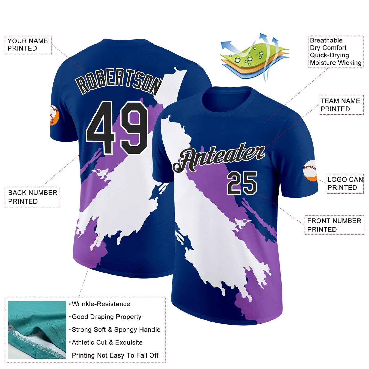 Custom US Navy Blue Black-Medium Purple 3D Esports Performance T-Shirt view 2