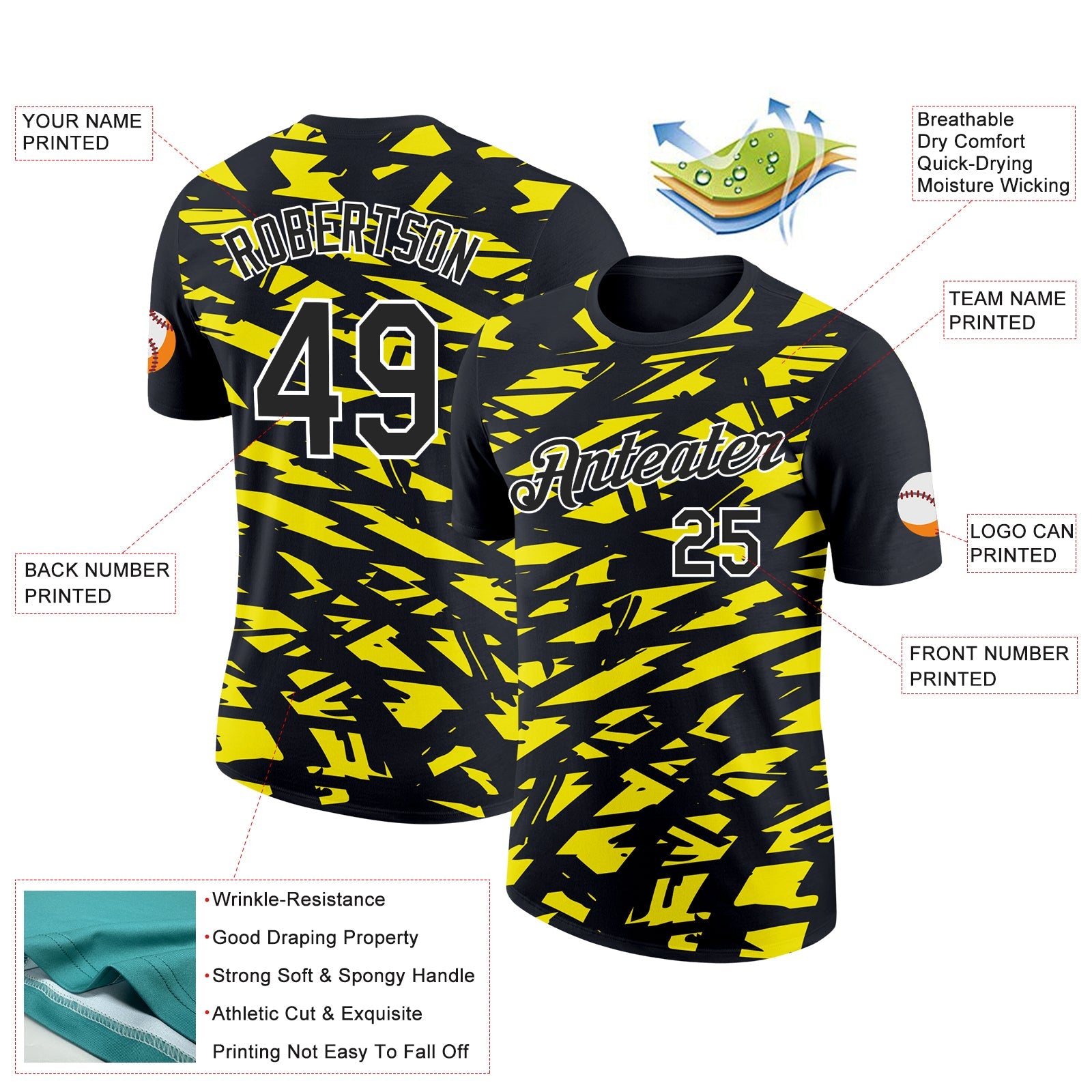 Custom Black Light Yellow-White 3D Esports Performance T-Shirt view 2
