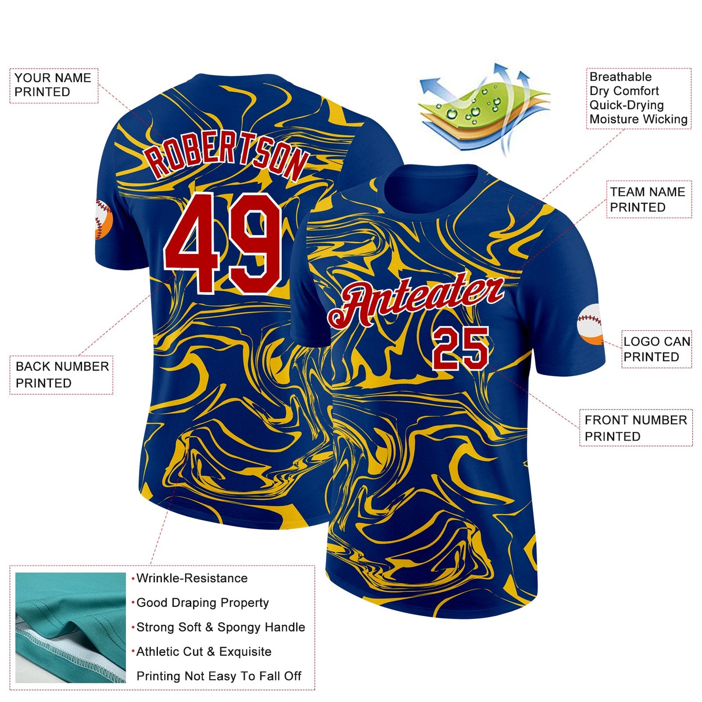Custom US Navy Blue Red-Yellow 3D Esports Performance T-Shirt view 2