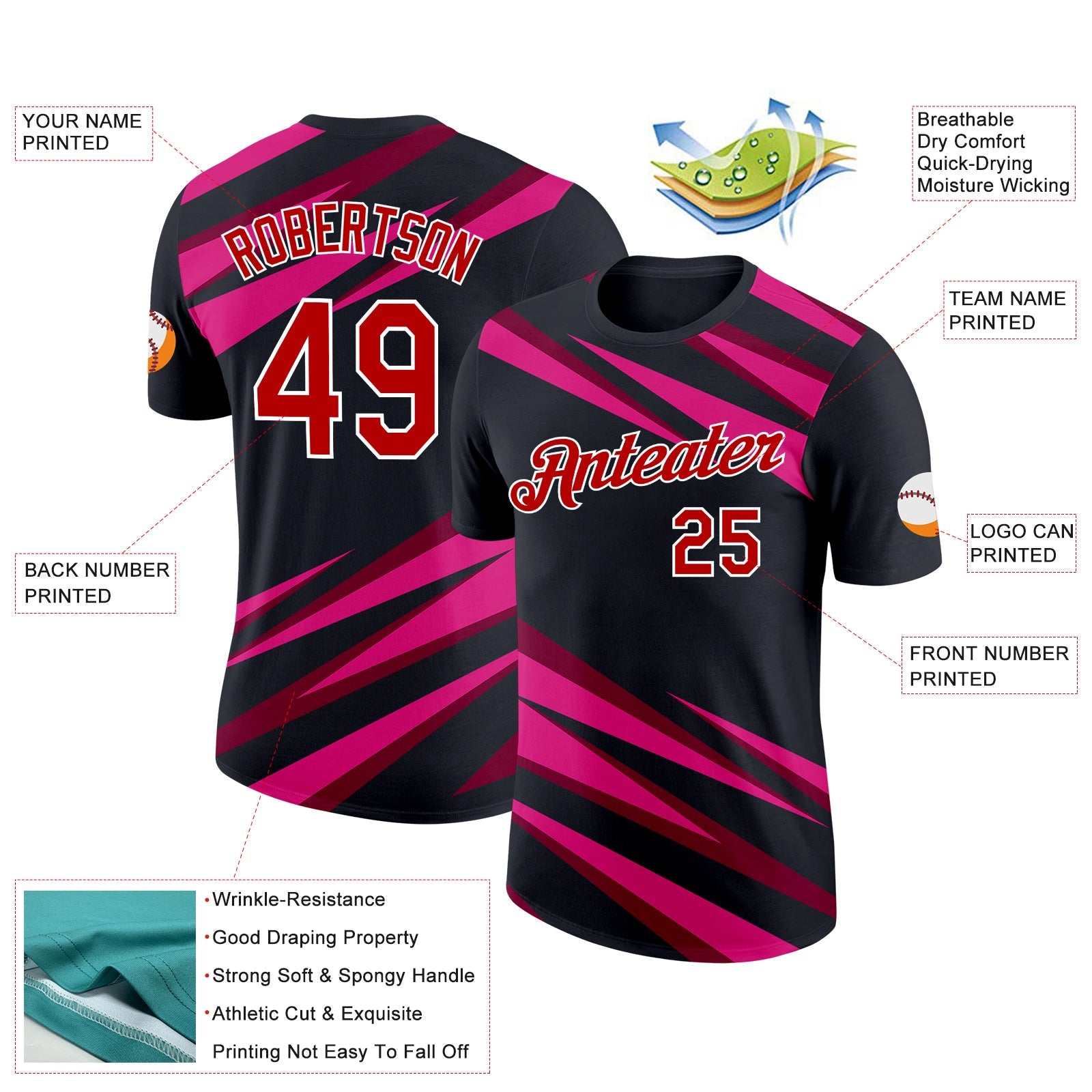 Custom Black Red Maroon-Hot Pink 3D Esports Performance T-Shirt view 2