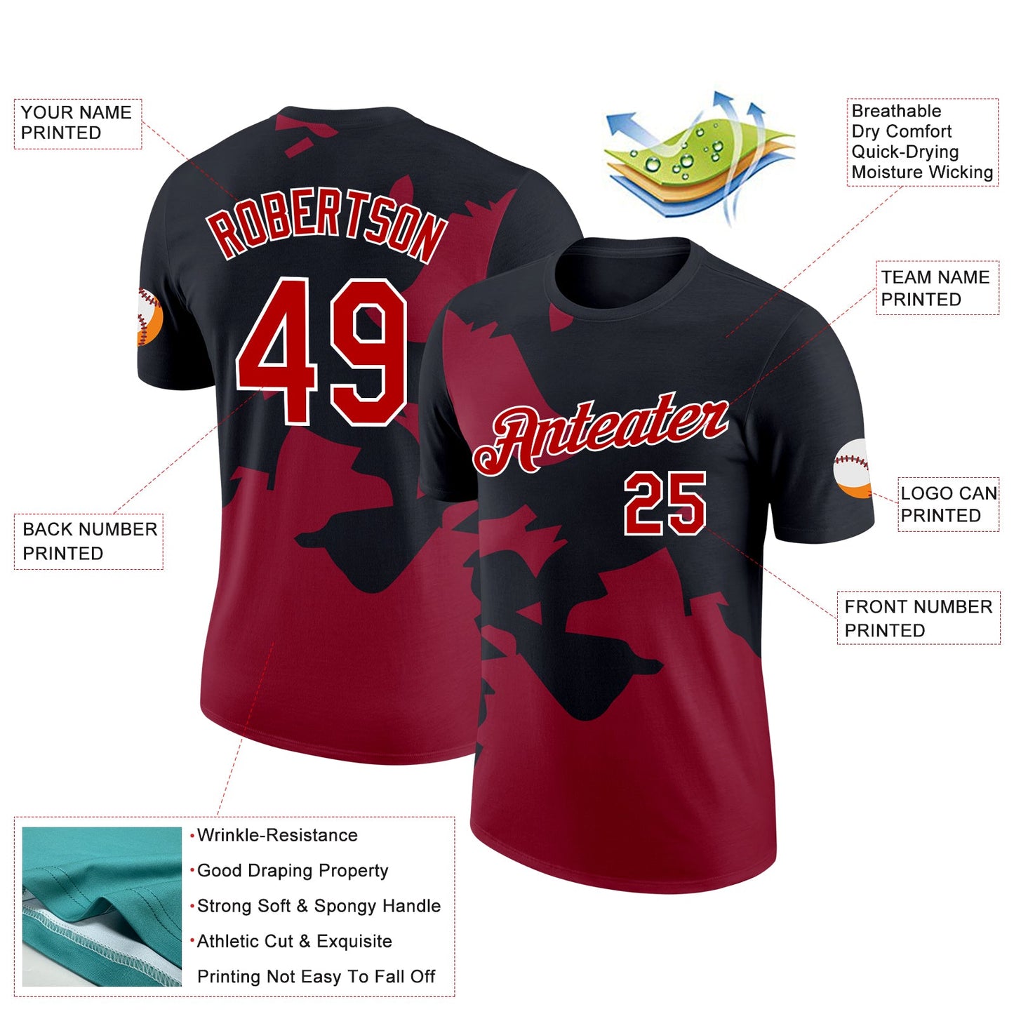 Custom Black Red-Cardinal 3D Esports Performance T-Shirt view 2
