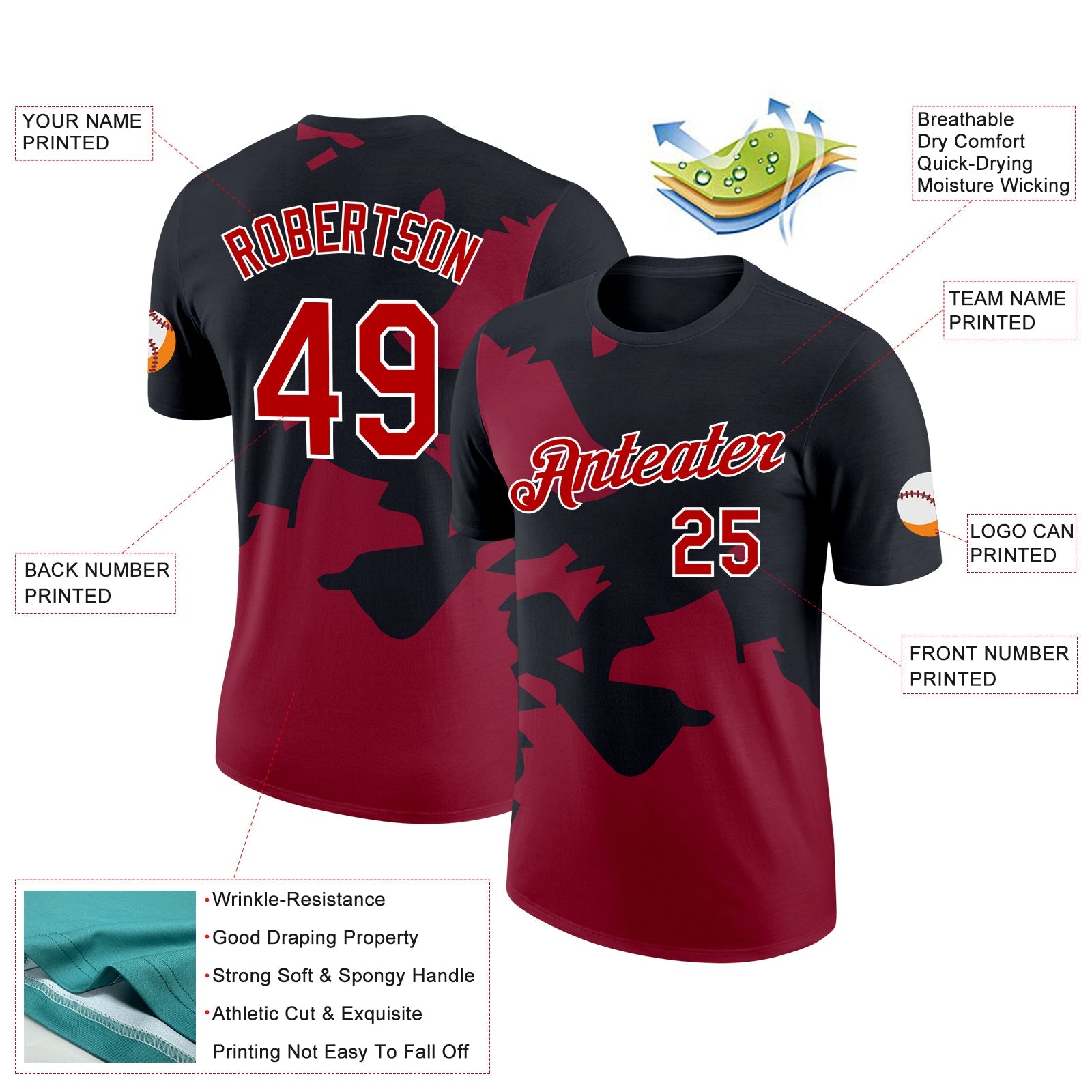 Custom Black Red-Cardinal 3D Esports Performance T-Shirt view 2