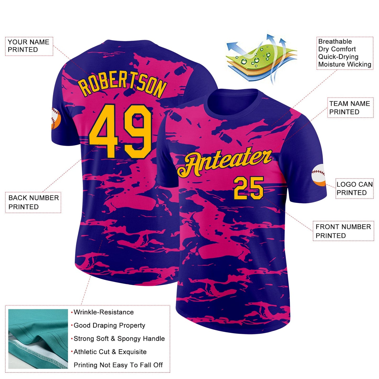 Custom Dark Purple Gold Hot Pink-Navy 3D Esports Performance T-Shirt view 2