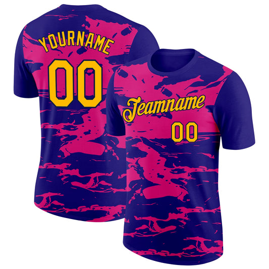 Custom Dark Purple Gold Hot Pink-Navy 3D Esports Performance T-Shirt - Main View