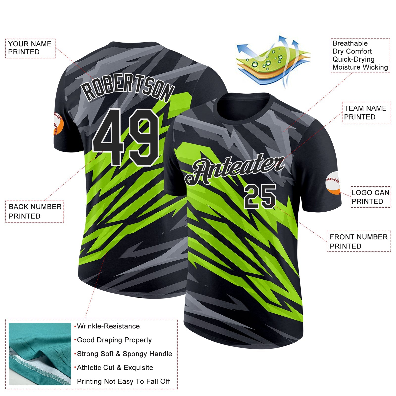 Custom Black Neon Green-Steel Gray 3D Esports Performance T-Shirt view 2