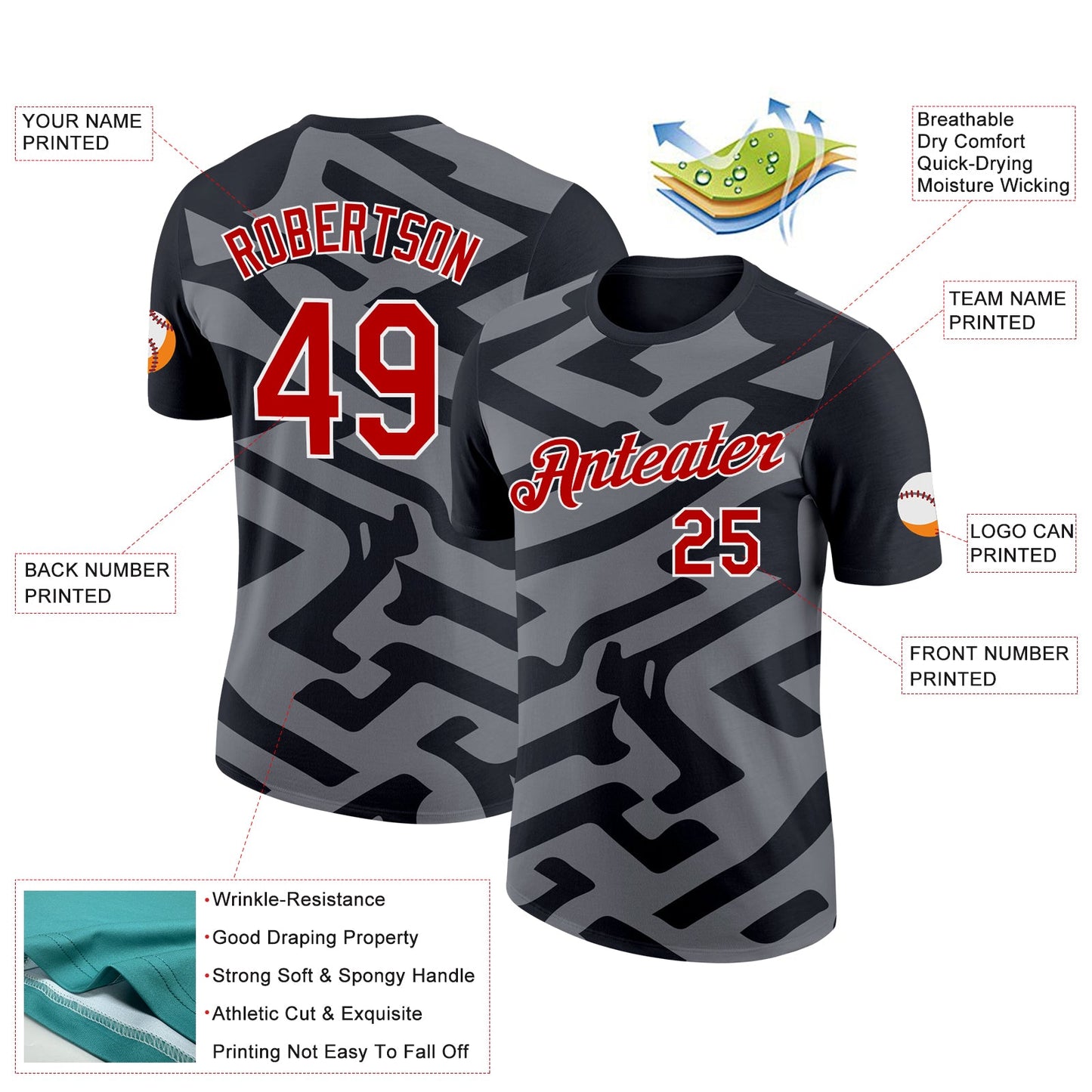 Custom Black Red-Steel Gray 3D Esports Performance T-Shirt view 2