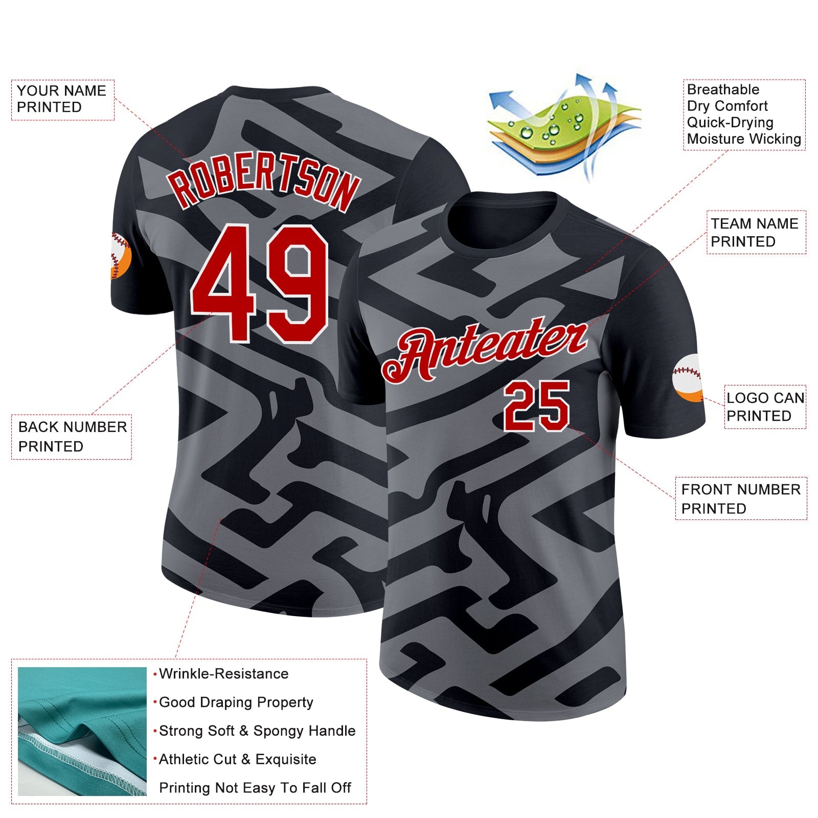 Custom Black Red-Steel Gray 3D Esports Performance T-Shirt view 2