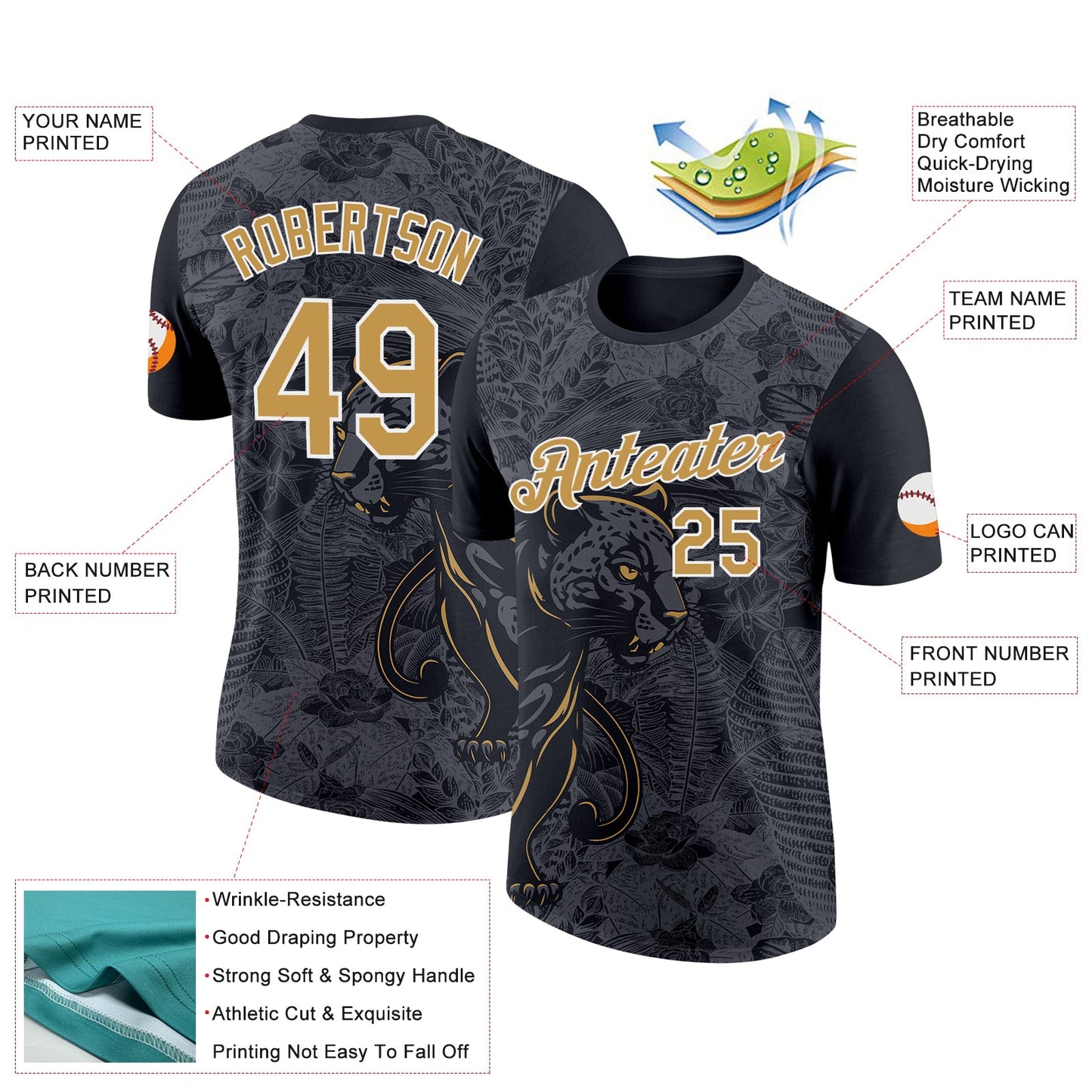 Custom Black Old Gold-Steel Gray 3D Esports Leopard Performance T-Shirt view 2