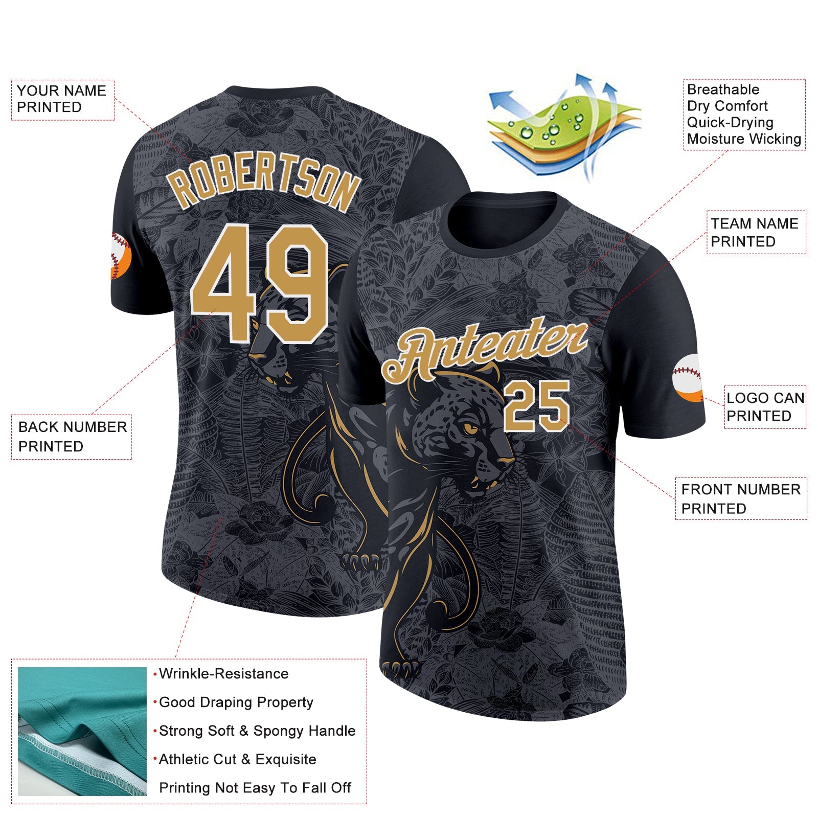 Custom Black Old Gold-Steel Gray 3D Esports Leopard Performance T-Shirt view 2