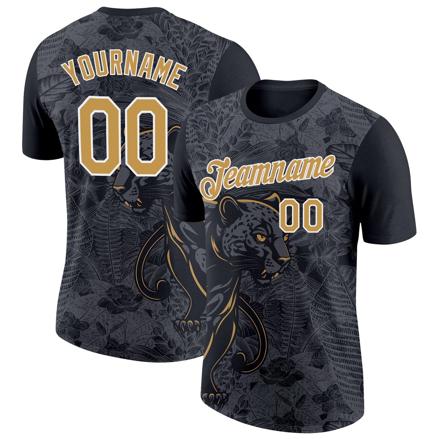 Custom Black Old Gold-Steel Gray 3D Esports Leopard Performance T-Shirt - Main View