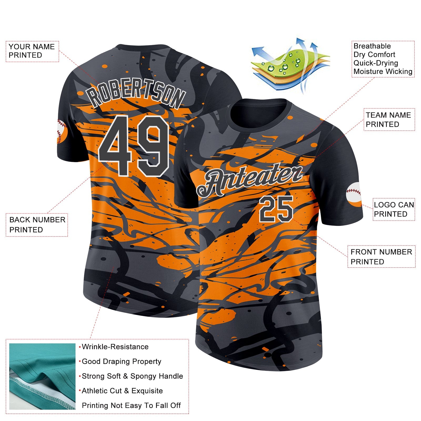 Custom Black Steel Gray-Bay Orange 3D Esports Performance T-Shirt view 2
