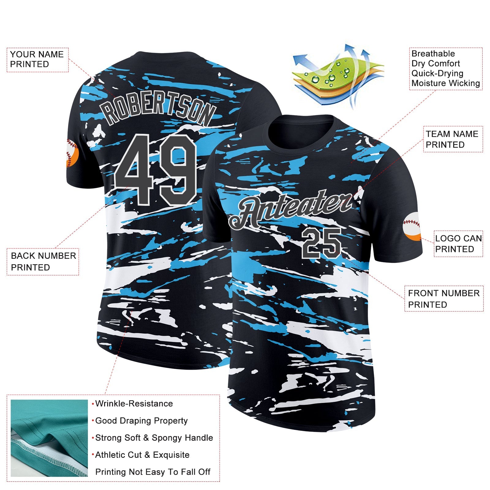 Custom Black Steel Gray-Sky Blue 3D Esports Performance T-Shirt view 2