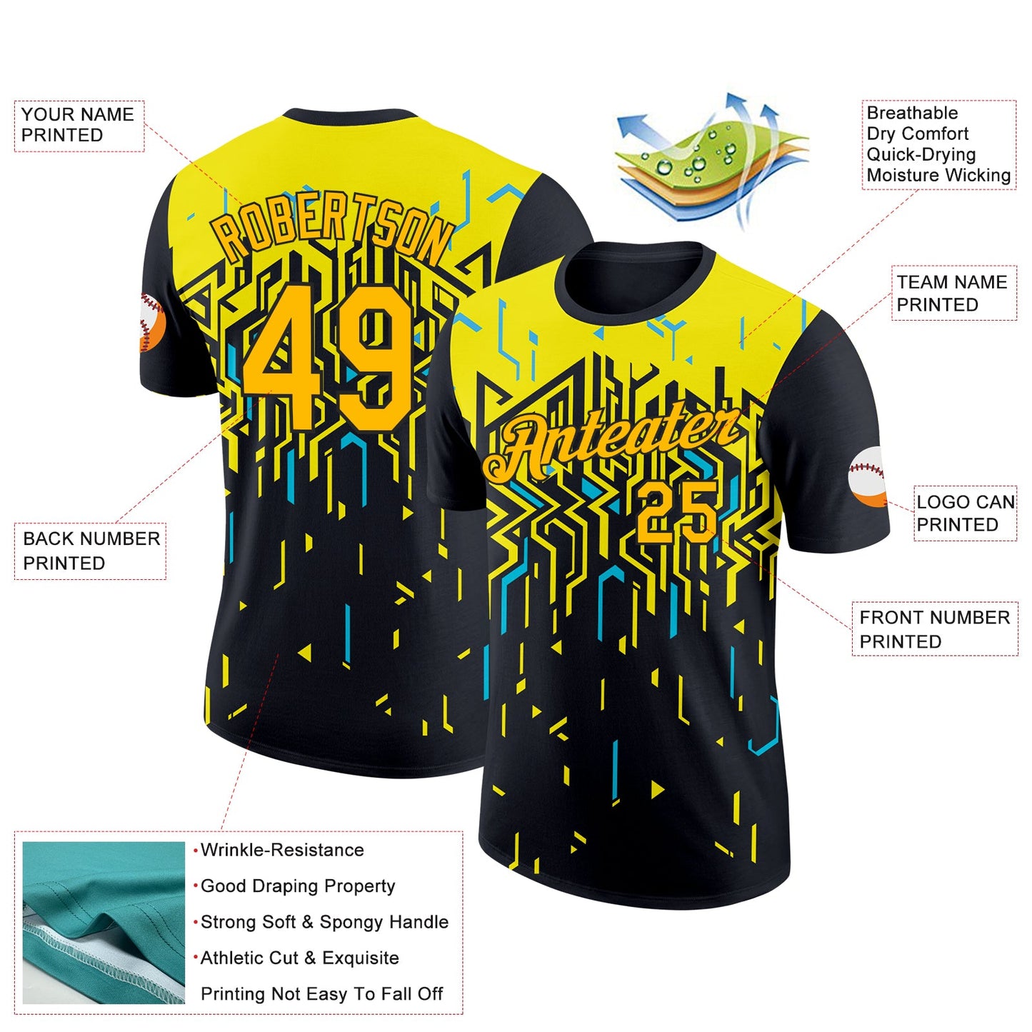 Custom Black Gold Light Yellow-Sky Blue 3D Esports Performance T-Shirt view 2