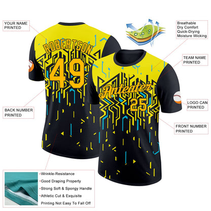 Custom Black Gold Light Yellow-Sky Blue 3D Esports Performance T-Shirt view 2