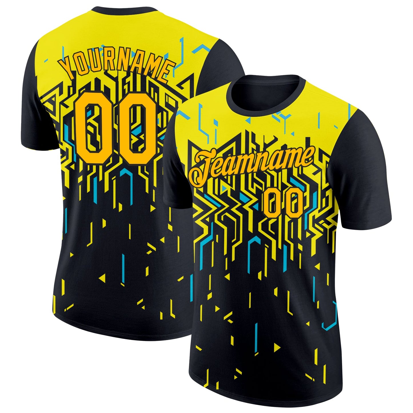Custom Black Gold Light Yellow-Sky Blue 3D Esports Performance T-Shirt - Main View
