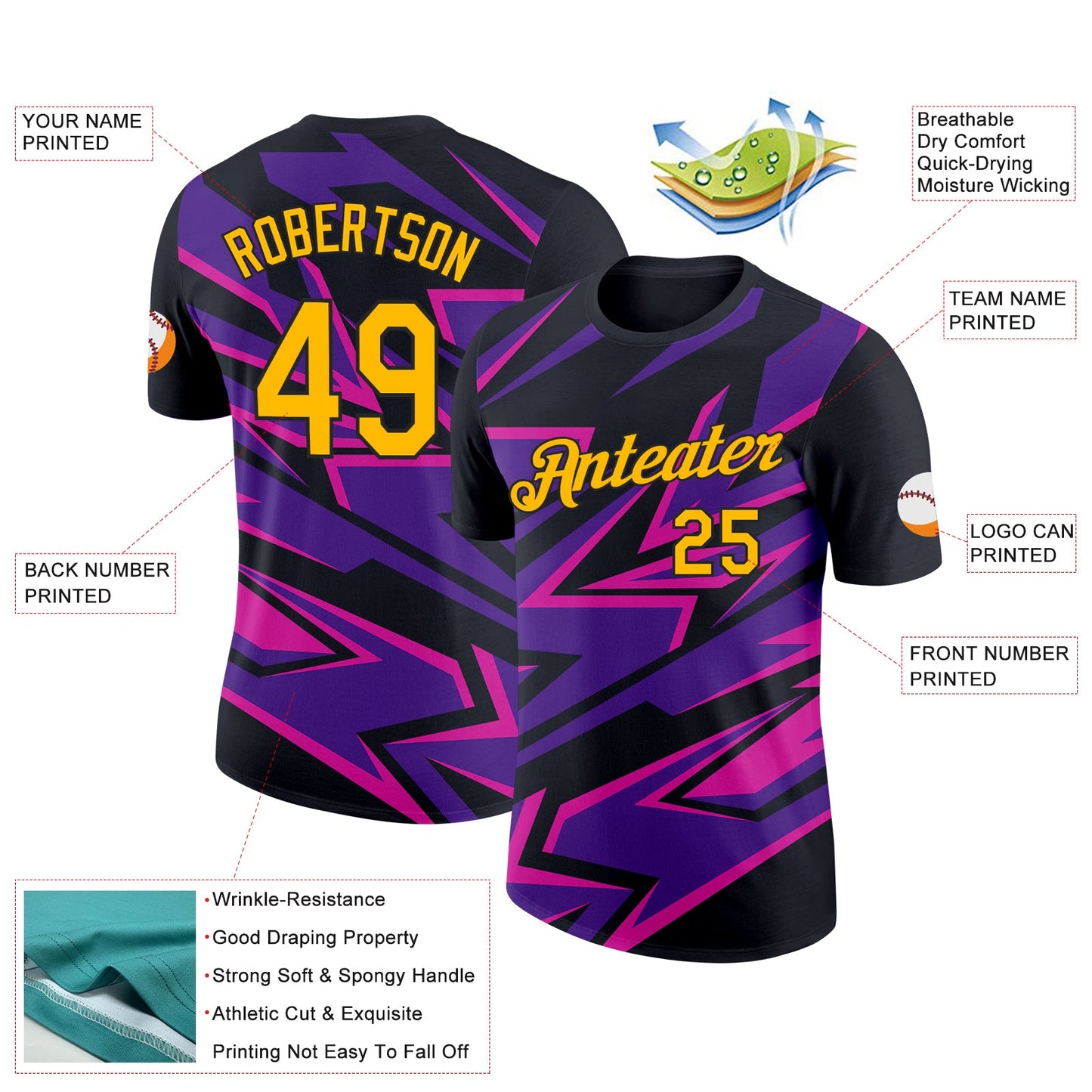 Custom Black Gold Purple-Deep Pink 3D Esports Performance T-Shirt view 2