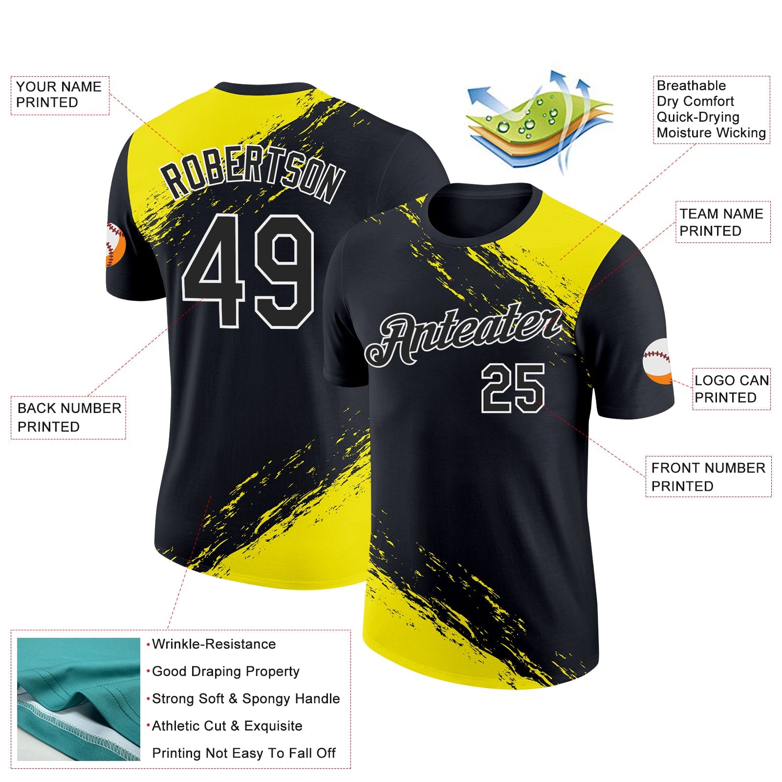 Custom Black Light Yellow-White 3D Esports Performance T-Shirt view 2