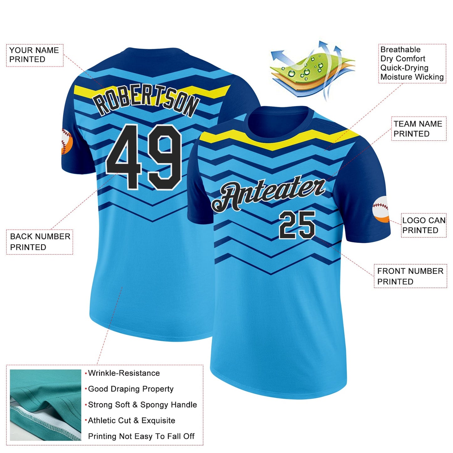 Custom Sky Blue Black US Navy Blue-Light Yellow 3D Esports Performance T-Shirt view 2