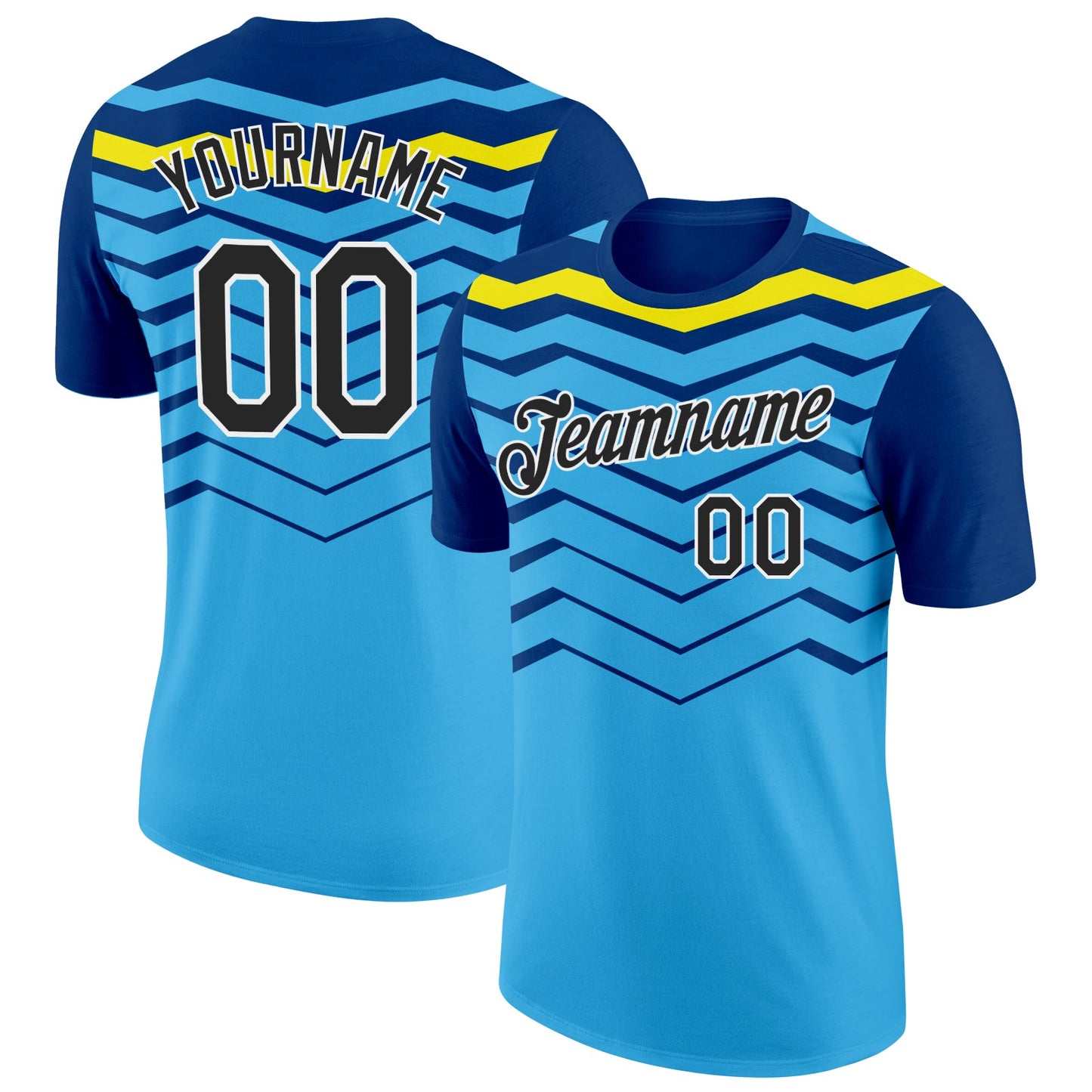 Custom Sky Blue Black US Navy Blue-Light Yellow 3D Esports Performance T-Shirt - Main View