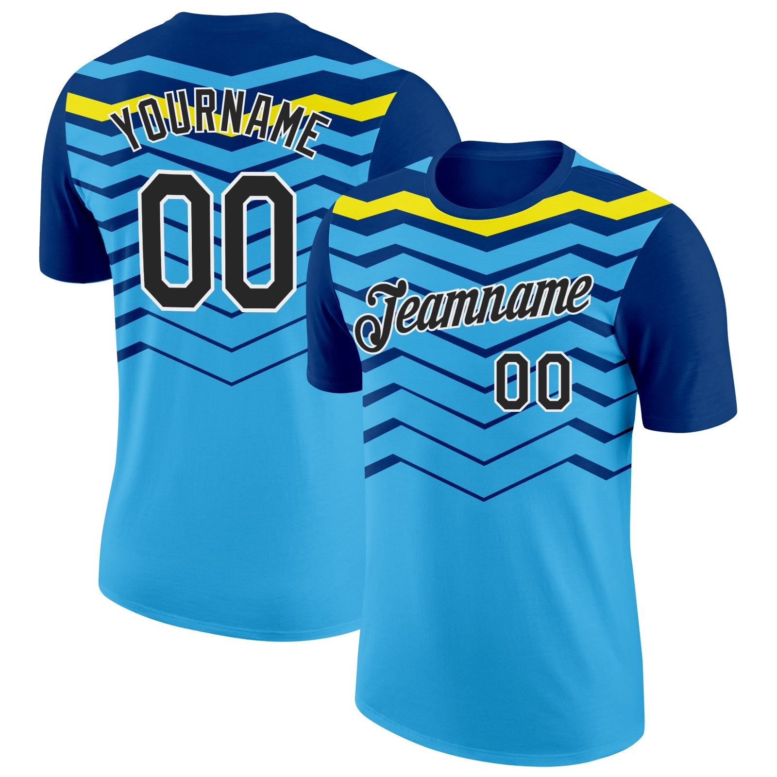 Custom Sky Blue Black US Navy Blue-Light Yellow 3D Esports Performance T-Shirt - Main View